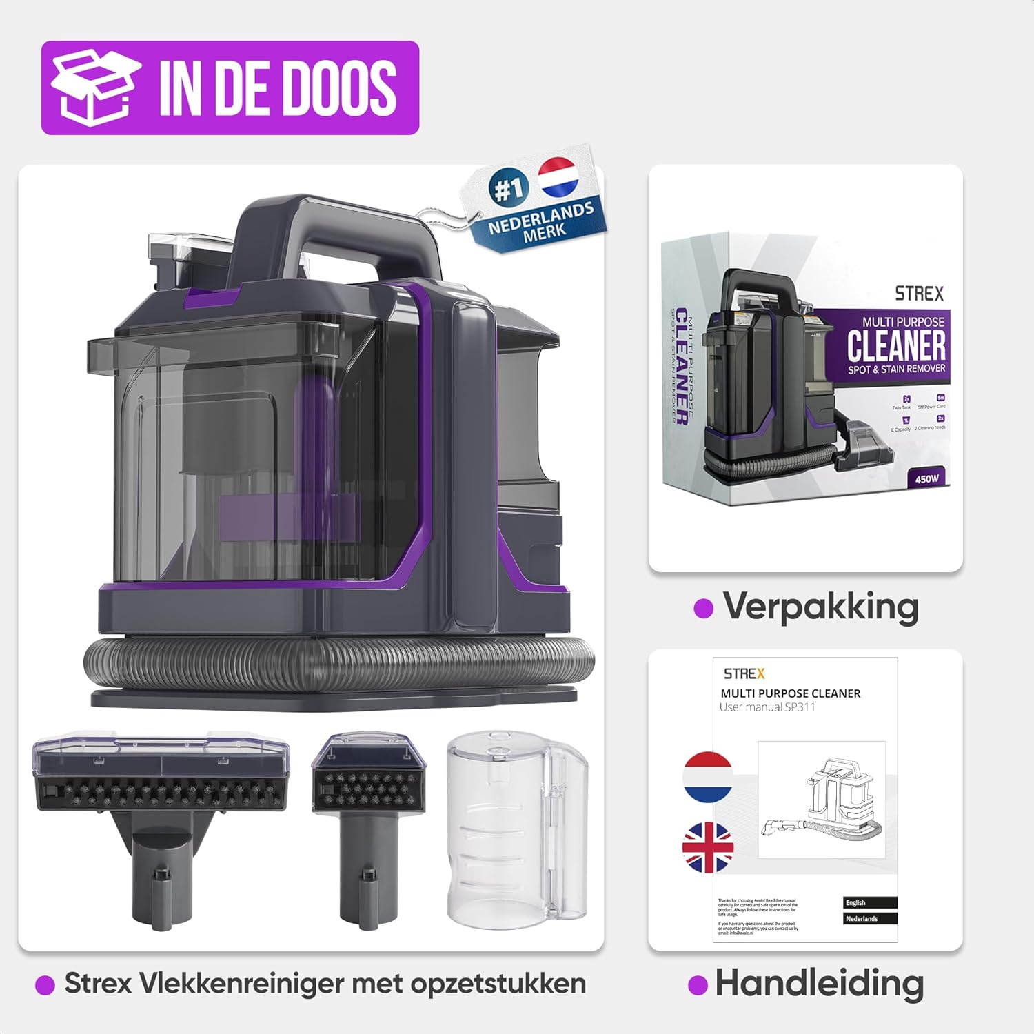 Contents of the Strex Carpet Cleaner box including main unit, attachments, and manual