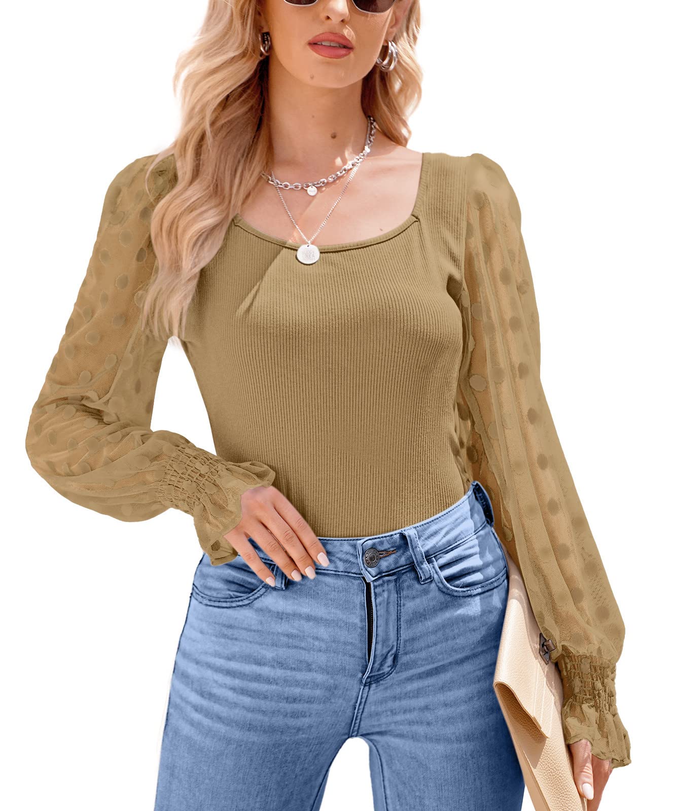 MainfiniWomen Blouse Puff Mesh Sleeve Women Shirt Polka Dot Square Neck Long Sleeve Tops Elegant S-XXL