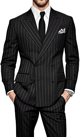 بدلة HUUTOE Pinstripe للرجال من Gomez Addams، مكونة من قطعتين، بدلة ضيقة مزدوجة الصدر، سترة وبنطلون، بدلة زفاف رسمية