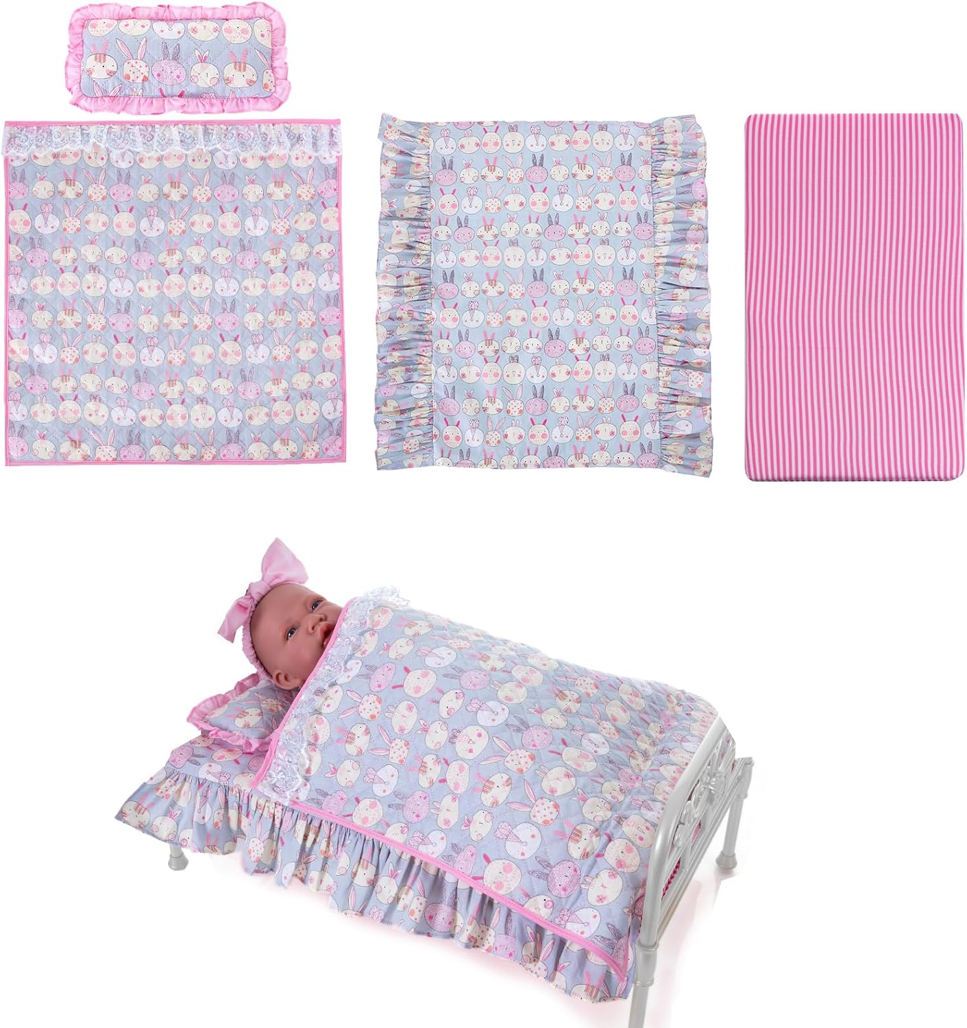 Rakki Dolli 18 Inch Baby Doll Bedding Set, 4-PC Doll Bedding Accessories Includes Blanket / Comforter ,Pillow, Sheet, 18.7”*11.4”Mattress, Purple Bunny Print
