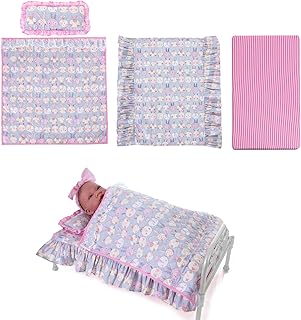 Rakki Dolli 18 Inch Baby Doll Bedding Set, 4-PC Doll Bedding Accessories Includes Blanket / Comforter ,Pillow, Sheet, 18.7”*11.4”Mattress, Purple Bunny Print