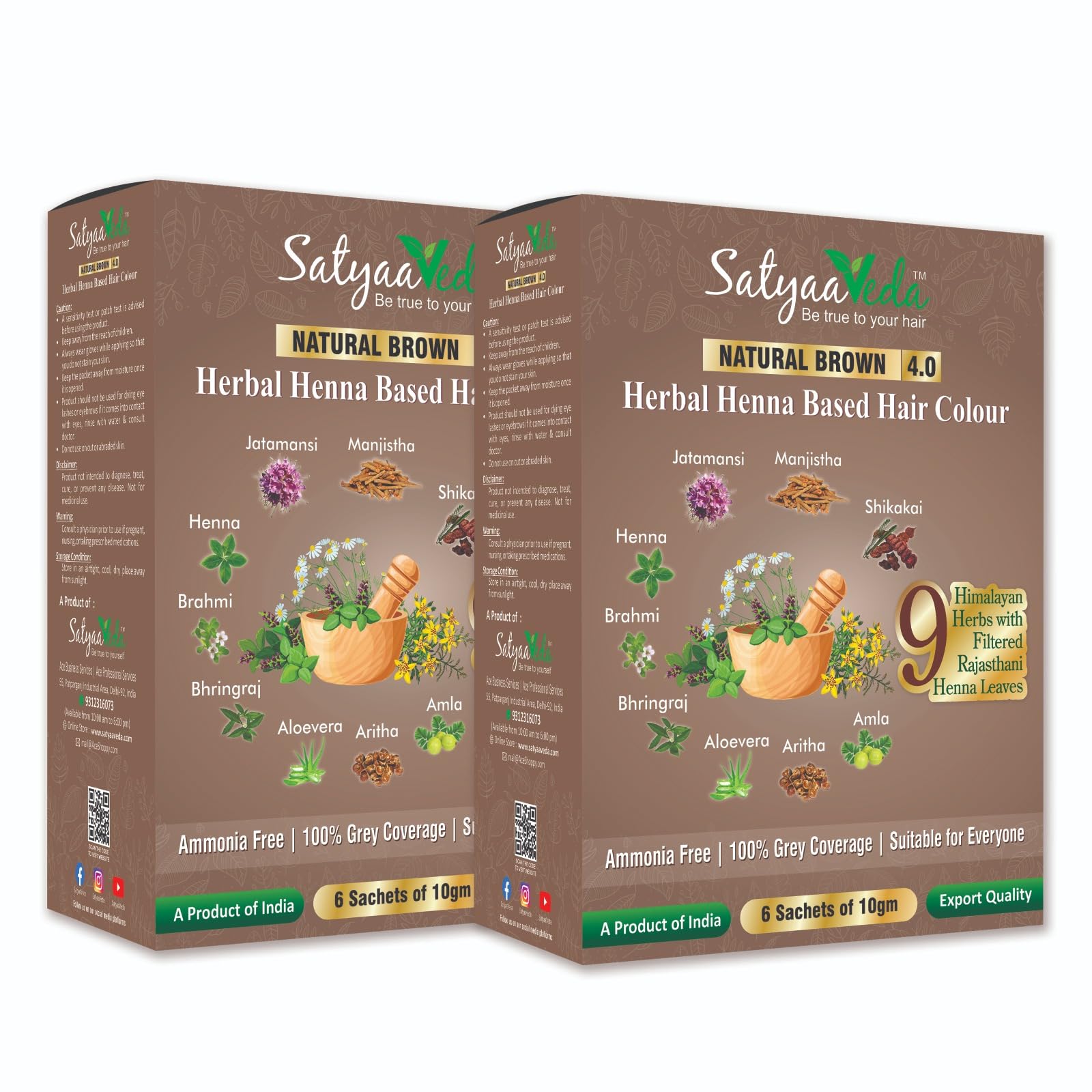 SatyaaVeda Natural Brown Ammonia Free Herbal Hair Colour with 9 Ayurvedic Herbs-Amla, Reetha, Shikakai, Aloevera, Bhringraj, Brahmi | Grey Coverage & Lustrous Shine | Dye for Men & Women I 120g powder
