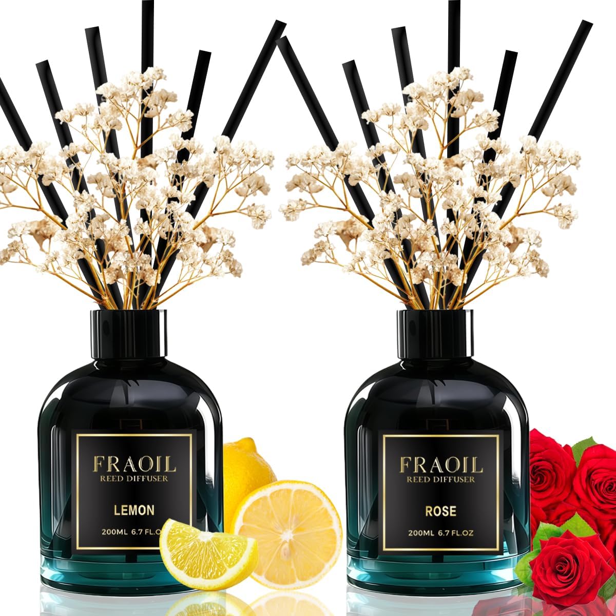 Lemon and Rose Reed Diffuser Set 6.7 fl oz (200 ml) with 6 Reed Sticks, Home Fragrance Reed Diffuser for Bathroom Shelf House Bedroom Office Decor