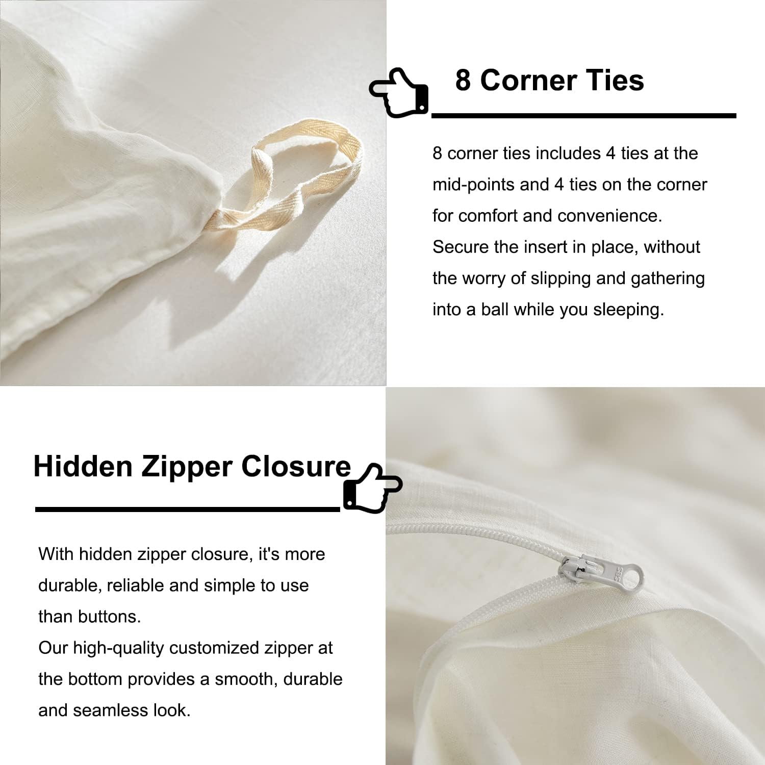 TOSMO Linen Duvet Cover Set, 100% French Flax Natural Linen Bedding 3pcs Set, Soft Breathable for Hot Sleepers 1 Duvet Cover and 2 Pillowcases (Off White, Queen)