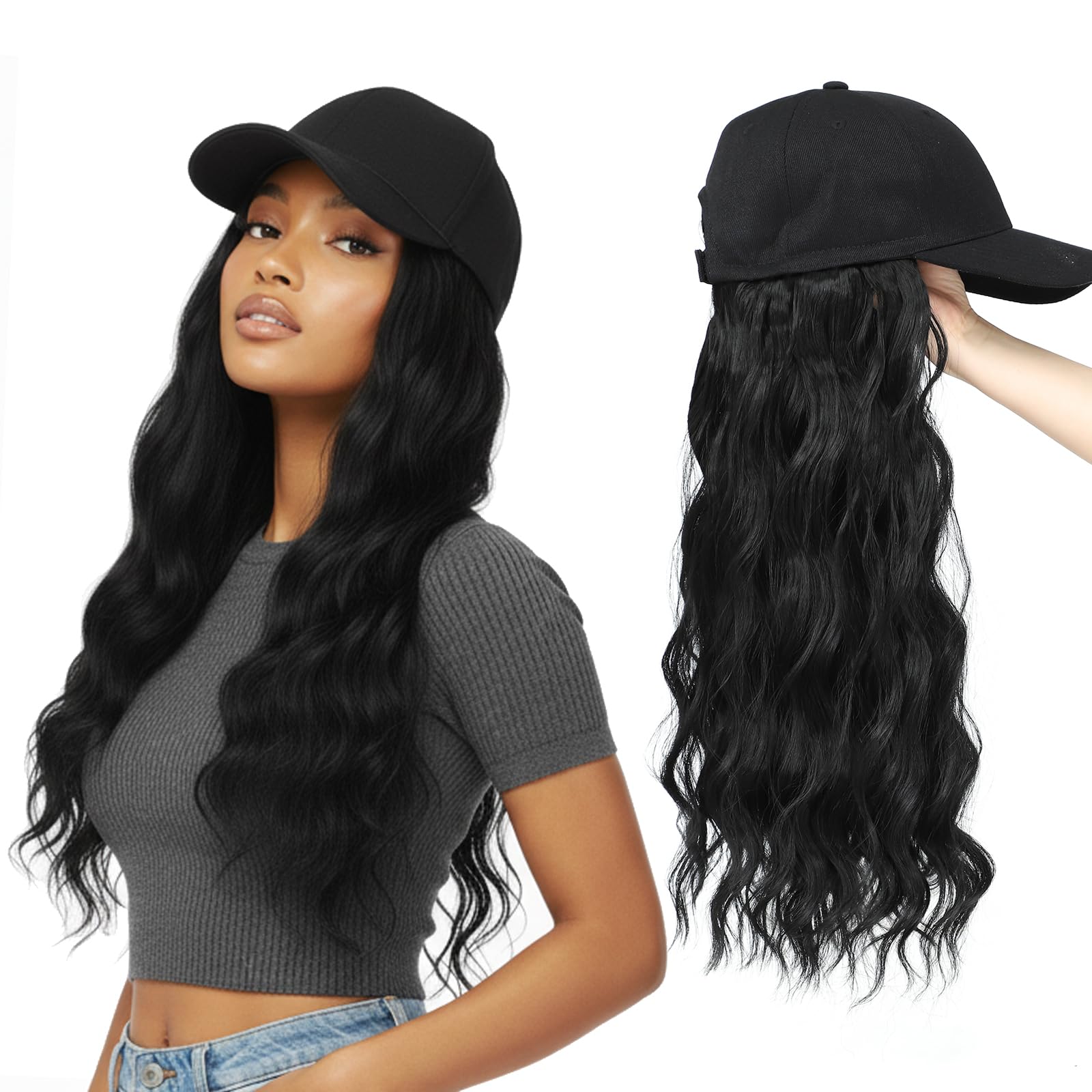 Yunkang Baseball Cap Wig 20in Long Natural Wave Hair Extensions With Hat Heat Resistant Synthetic Adjustable Wig Black cap wigs for Women Girls