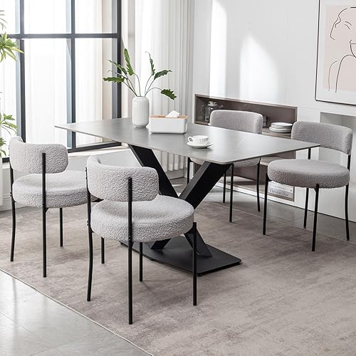 Boucle - Juego de 4 sillas de comedor tapizadas con patas de metal negro, sillas de comedor redondas y modernas para comedor, cocina (gris claro) disponible en Yaxa El Salvador