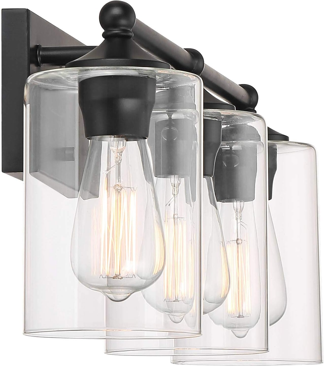 360 Lighting Bellings Modern Industrial Vintage Wall Mount Light Black Metal Hardwired 24" Wide 3-Light Vanity Fixture Clear Glass Cylinder Shades for Bathroom Mirror House Home Room Decor