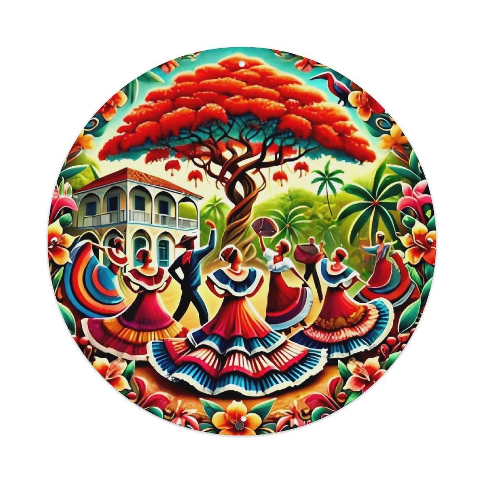 Jdyaojiesheng Vintage Colorful Mexican Dance Scene Tree Round Tin Sign Retro Metal Wall Decor Metal Poster, Home Bar Garage Farmhouse Cafe Wall Art Decoration 8X8inch