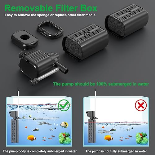 Miniatura 8 de Filtro de acuario, filtro de energía sumergible, filtro de tanque cristalino potente interno para acuario, bomba sumergible y sistema de filtro,
