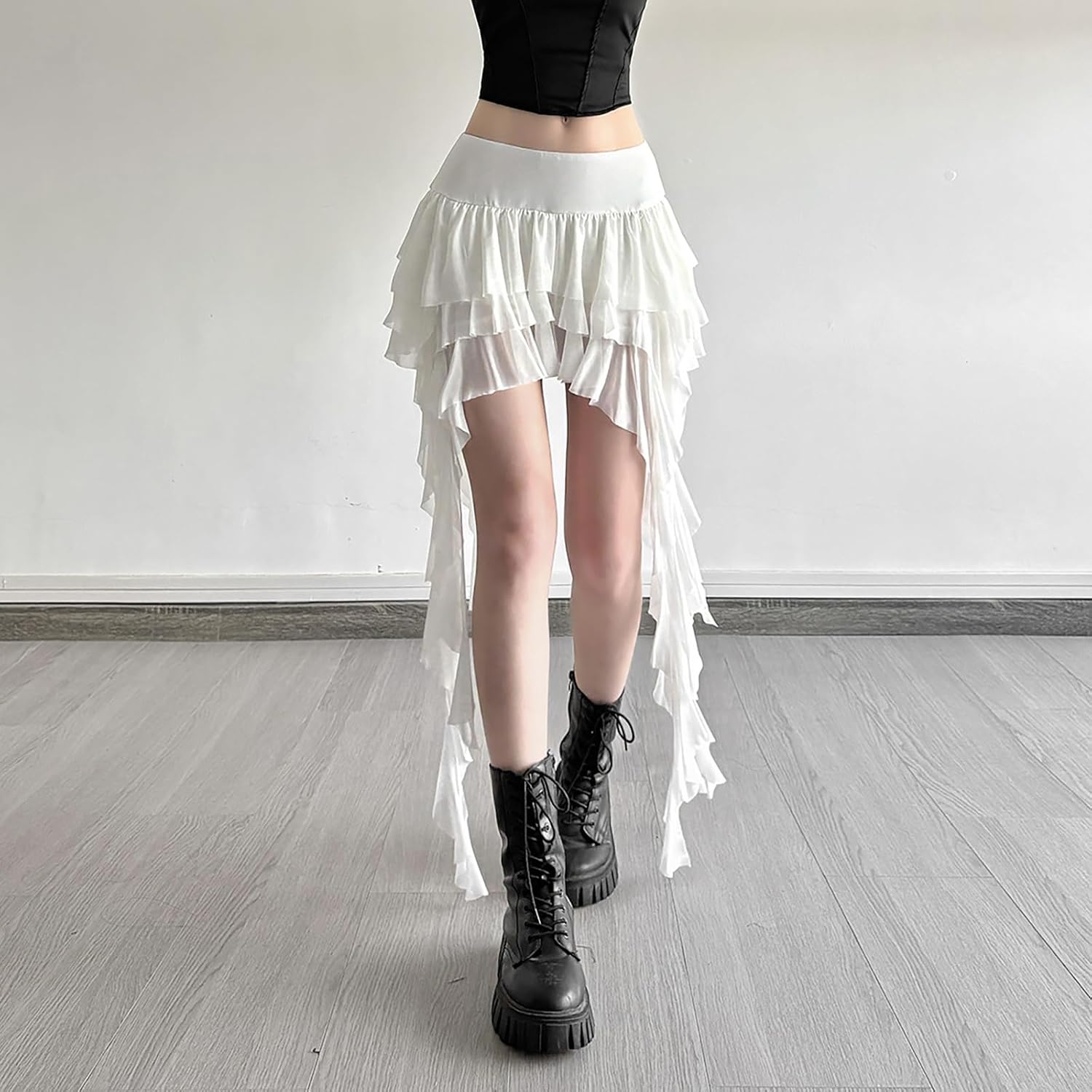 Womens Cute Low Waist Ruffle Mini Skirt Layered Ruffle Asymmetrical Flowy Casual Dance Rave Mini Short Skirt