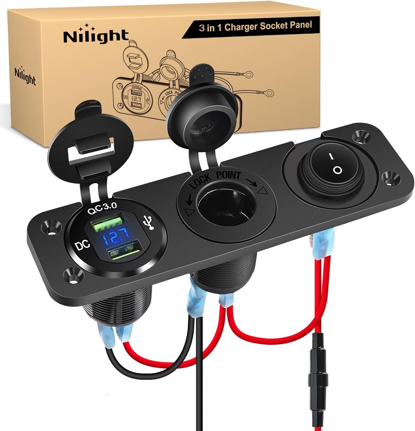 4 in 1 Charger Socket Panel Dual QC3.0 USB Charger with LED Voltmeter Display and Cigarette Lighter Socket and Power Cutoff Switch,Avoid Battery Drain Off Switch for UTV ATV