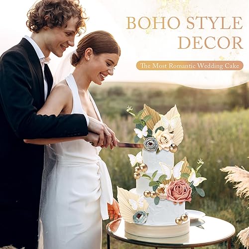 Miniatura 4 de Paquete de 34 decoraciones para tartas, decoraciones de cumpleaños de SPOKKI con hojas de flores artificiales, decoración de pastel de palma, mini