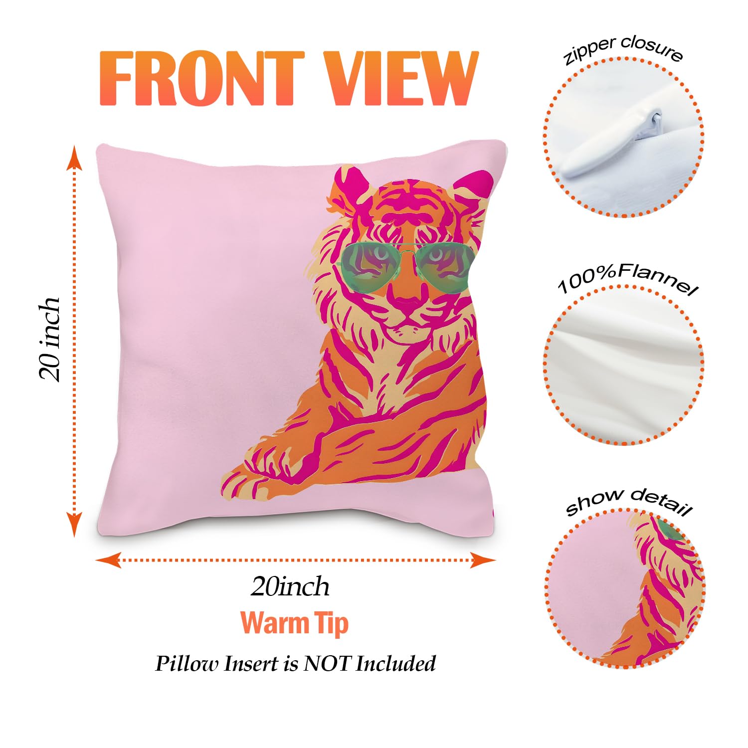 Pinke Tiger-Kissenbezug 45,7x45,7 Cm – Retro Design, Aus Weichem Flanell, Mit Verstecktem Reißverschluss