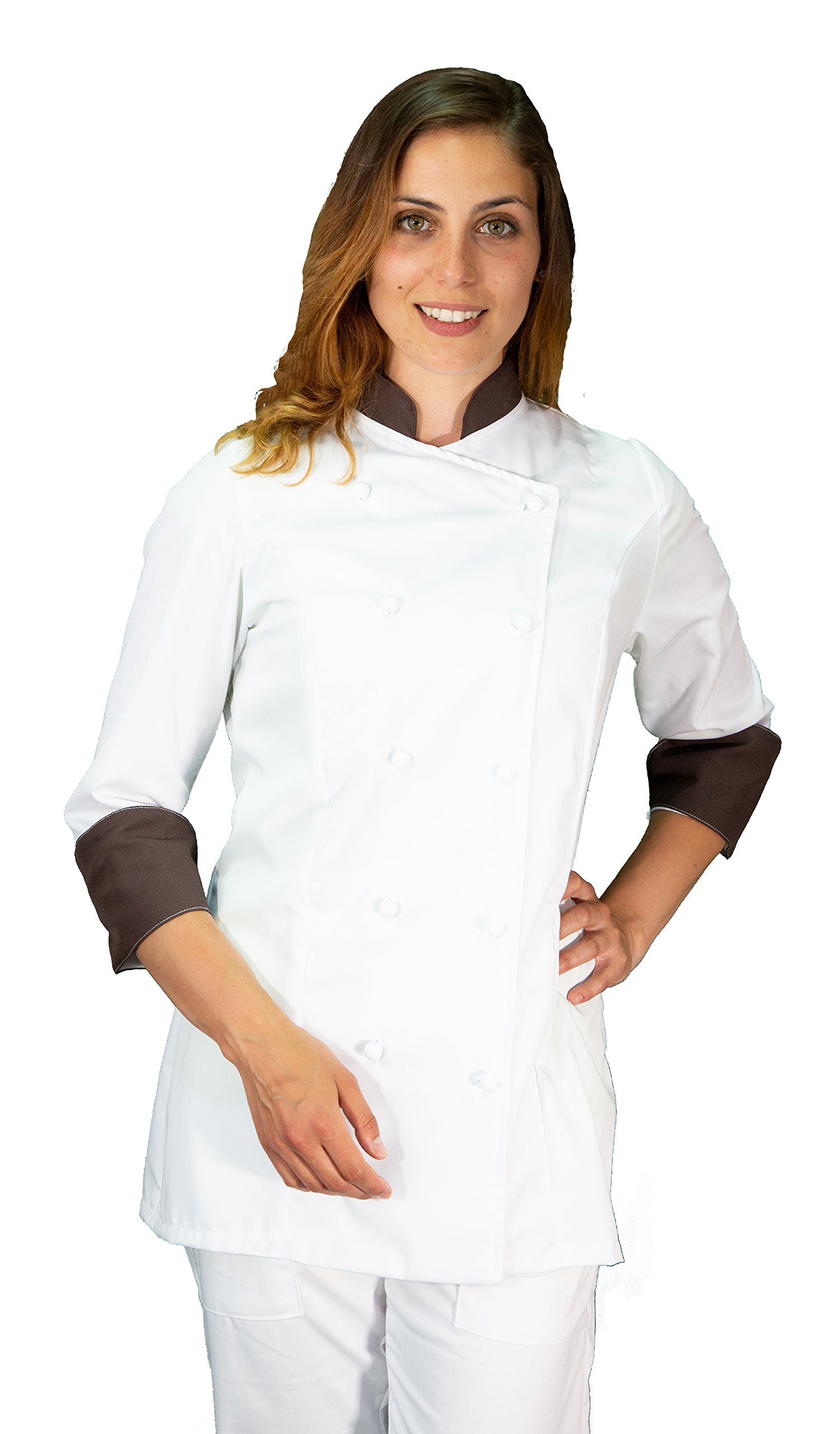 Ricamo Gratuito - Completo Cuoco da Cucina - Bianco e Marrone - Divisa Chef Donna - Pantalone, Giacca e Grembiule - Made in Italy
