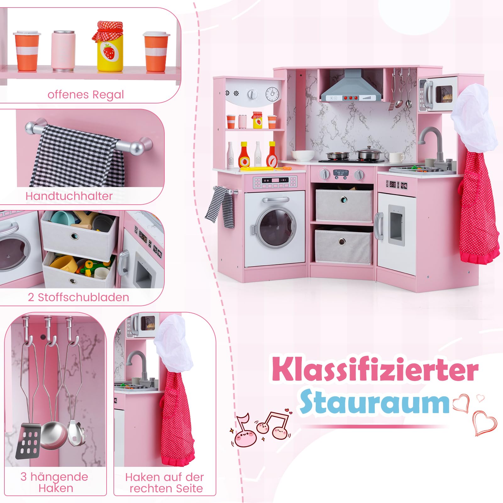 DREAMADE Kinderküche Holz mit 16 TLG. Zubehör, Kinder Spielzeugküche Eckküche mit Herd Spüle Mikrowelle Dunstabzugshaube, Spielküche mit Licht und Sound für Kinder ab 3 Jahren Grau (Rosa)