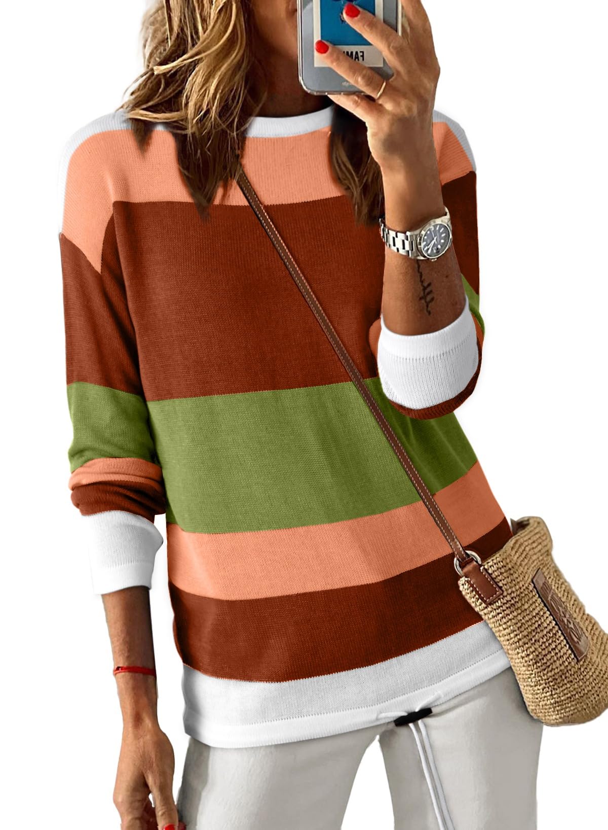 Dokotoo Womens Sweaters Striped Fall Winter Outfits Drawstring Color Block | Long Sleeve,Crewneck,Lightweight Fashion Clothing,Teachers Comfy Outfits,Business Casual Tops,Vacation Wear