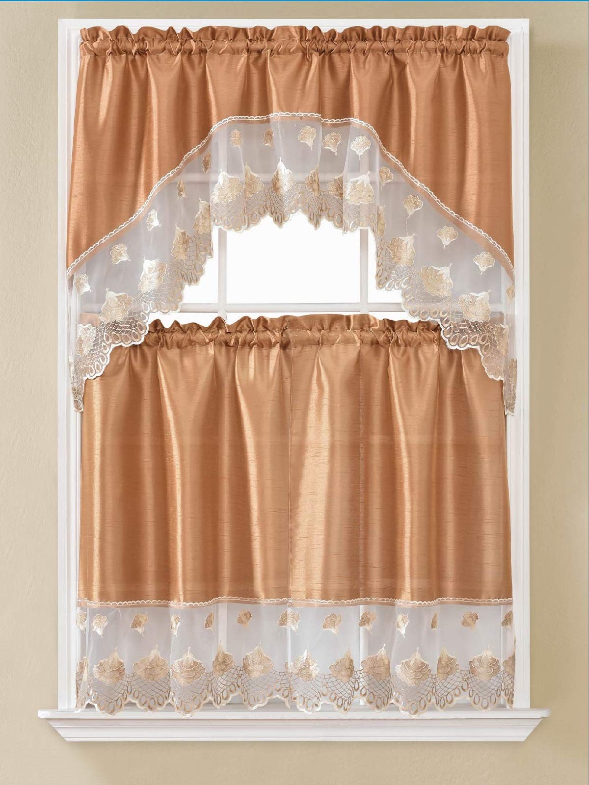 B and H Home Leah Gold Embroidered 3-Piece Kitchen Curtain Window Treatment Set (Leah Gold),tow tier 30 inch x36 inchone swag 60 inch x36 inch