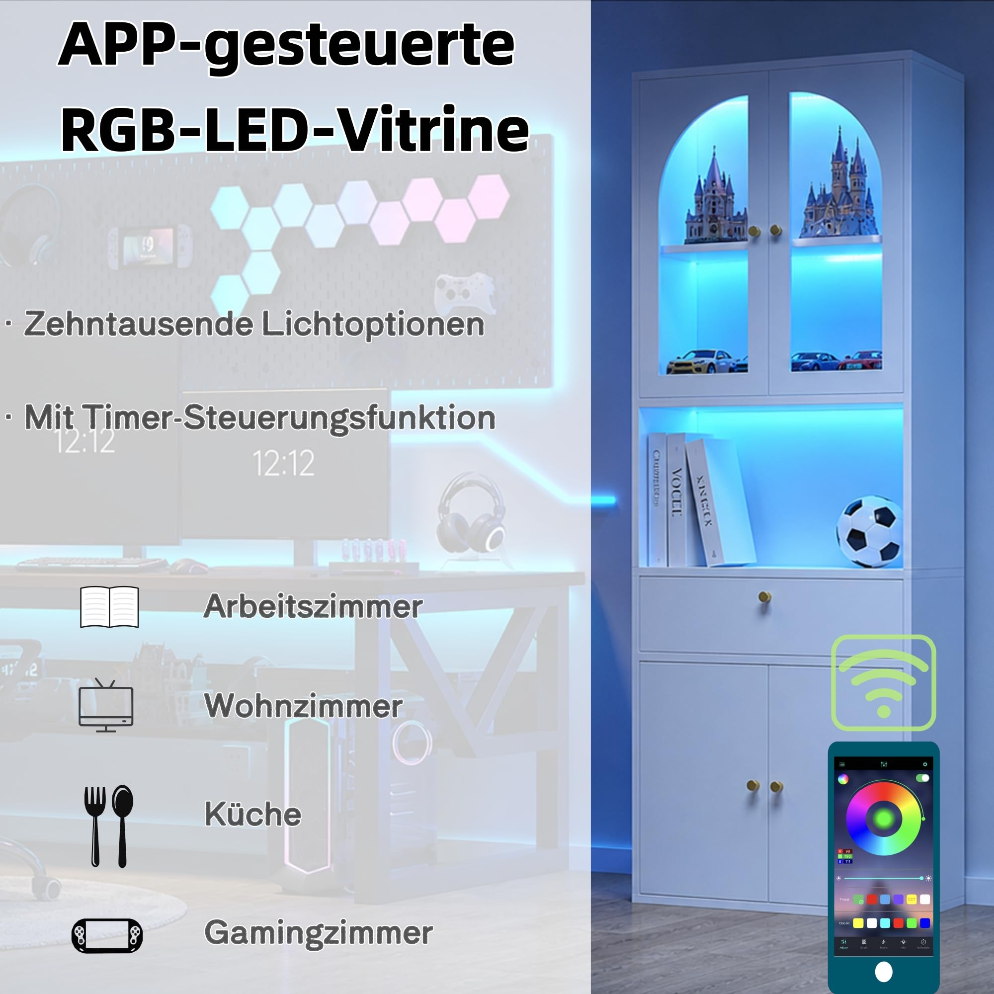 Vitrina de cristal, estantería, armario de oficina, armario de figura, armario alto, armario de cocina, con tiras LED RGB multicolor regulables, controlable mediante aplicación para smartphone, color