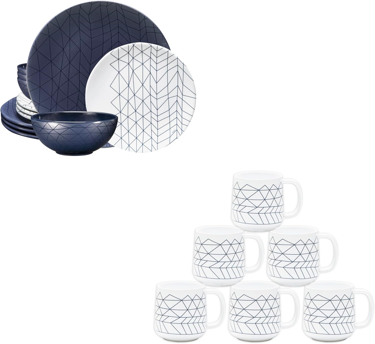 bzyoo 12 Piece Melamine Dinnerware Set - Durable, Dishwasher Safe Plates and Bowls + Ceramics 14oz Coffee Mug Set of 6