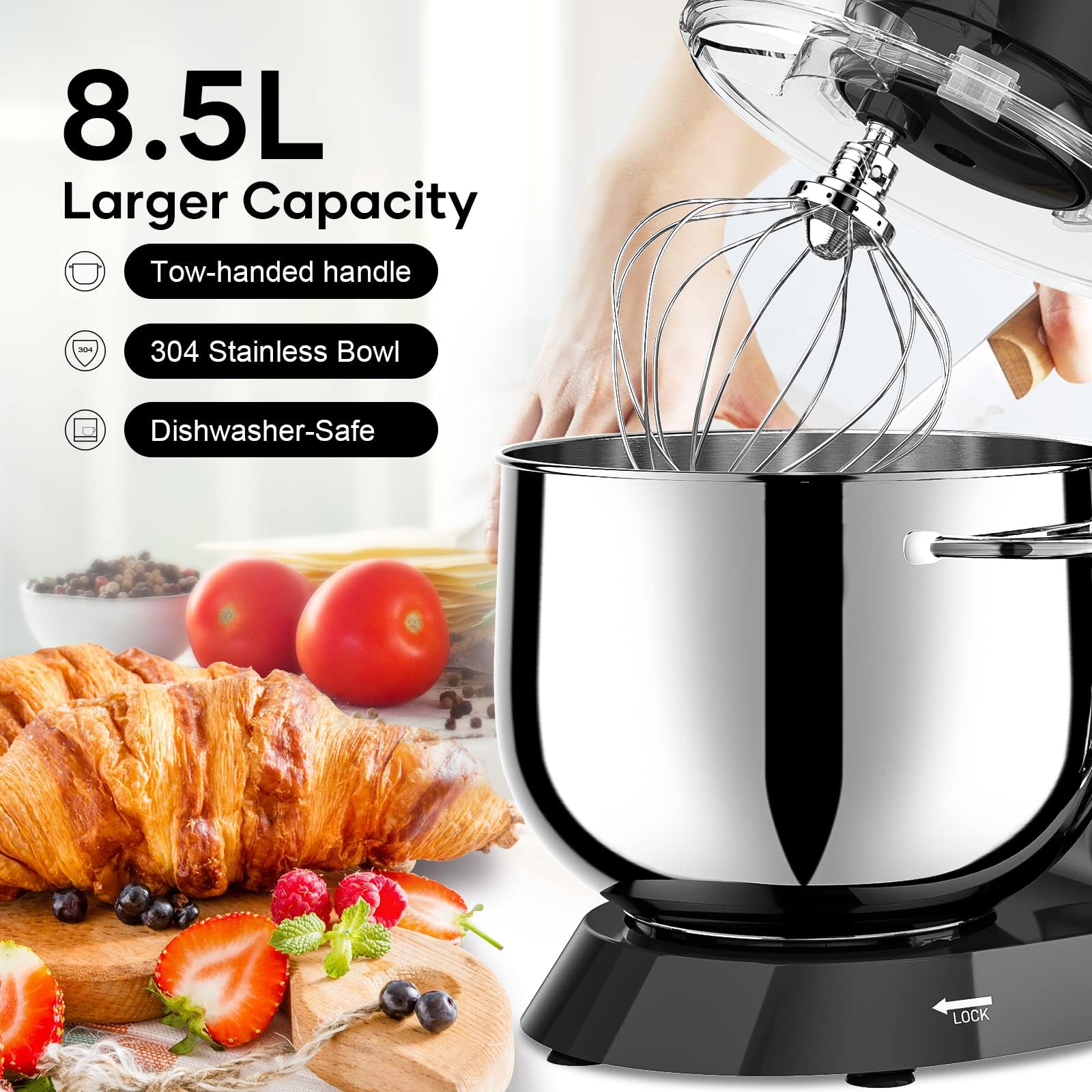 Vezzio Küchenmaschine, 8,5 l Backteig-Mixer, 10-stufige Teigmaschine, mit Rührhaken, Knethaken, Schneebesen und Spritzschutz (Schwarz)