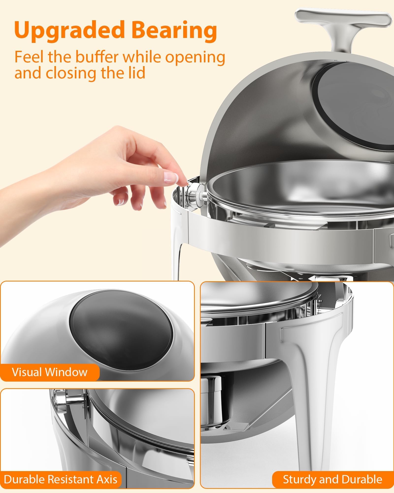 Chafing Dish Redondo 6L, Calentador de Comida con Tapa Enrollable y Ventana de Vidrio, Set de Catering Acero Inoxidable para Buffet y Banquetes, Soporte Combustible, Plateado