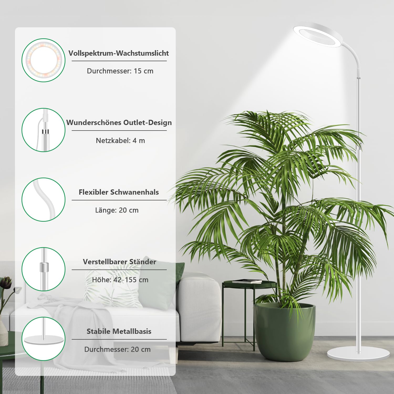 Aumtrly Pflanzenlampe LED Vollspektrum, 170cm Höhenverstellbar Grow Lampe Stehend, Weiß LED Pflanzenlicht mit 6/12/16H Timer, 5 Helligkeitsstufen, 3 Farbmodi Wachstumslampe für Hohe Pflanzen