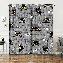 AILONEN Cortina de janela de gato preto fofo, cortinas de janela de gato de desenho animado para meninas adolescentes, cortinas de tratamento de janela com tema de animal Kawaii, para decoração de
