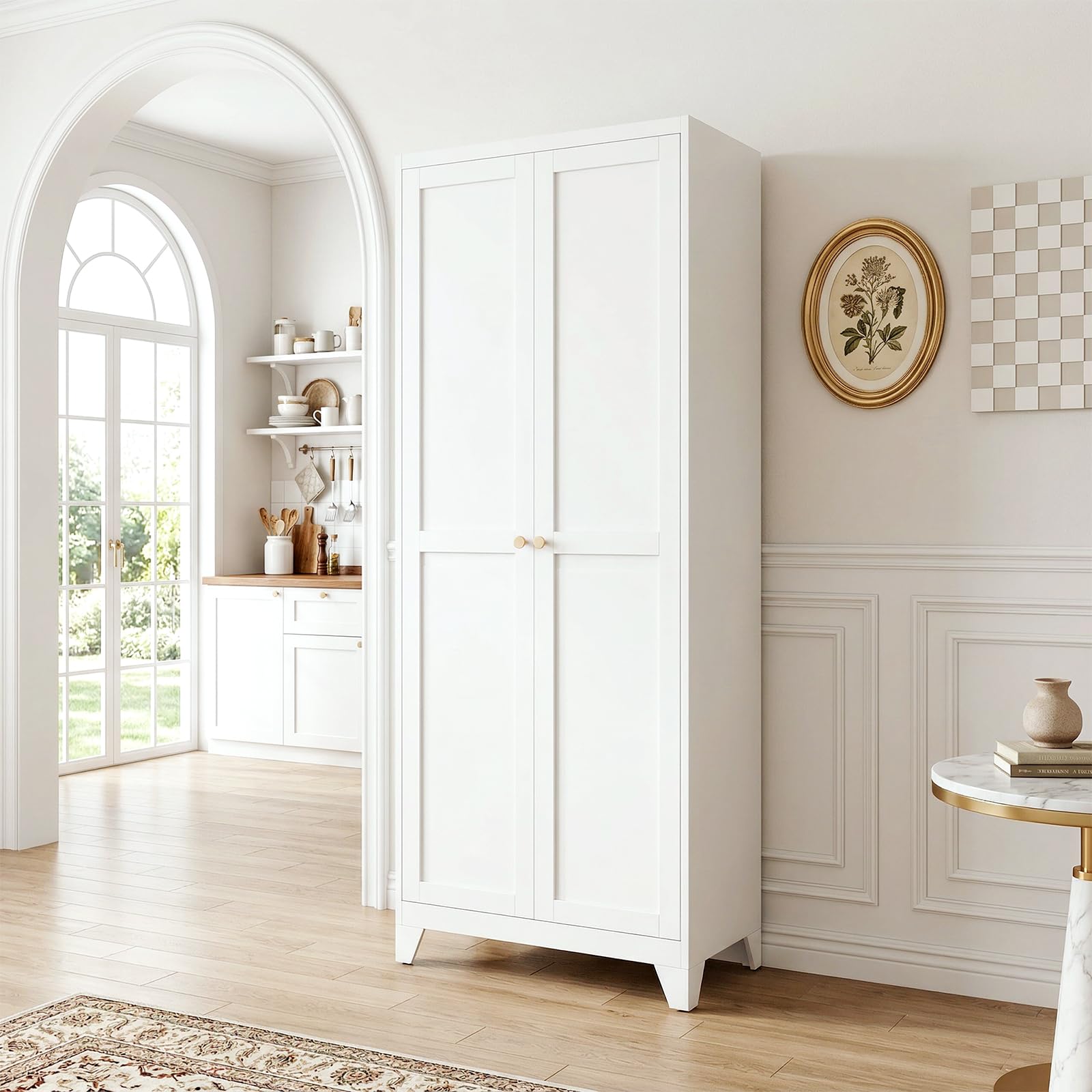 71" tall metal kitchen pantry cabinet, freestanding steel storage cabinet with doors, 4 adjustable shelves, for dining room, white