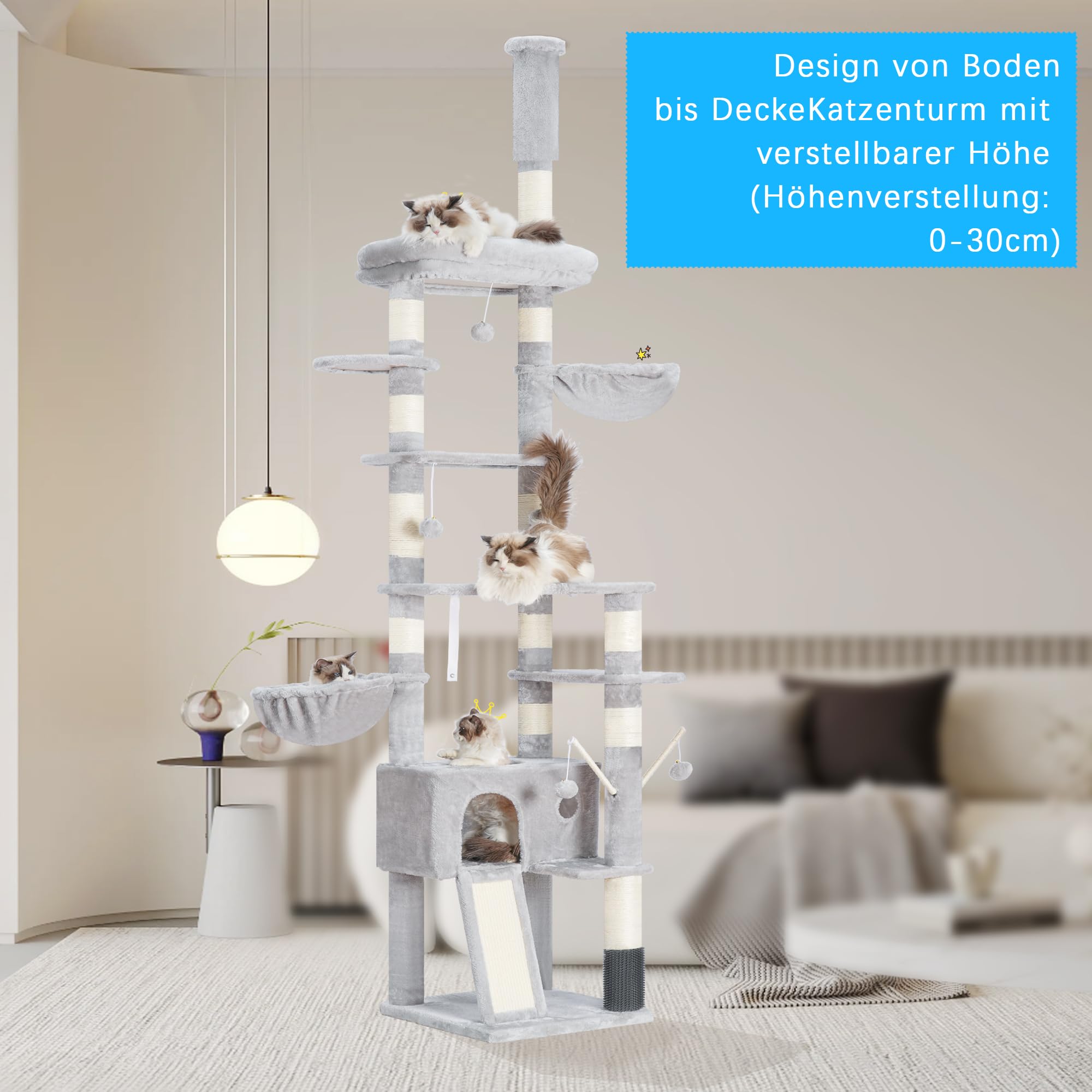 Hey-brother Kratzbaum, Höhenverstellbarer XXL Katzenbaum 250cm-280cm, der bis zur Decke reicht, Katzenturm für große Katzen, mit Höhle, Hellgrau 0MPJ091W