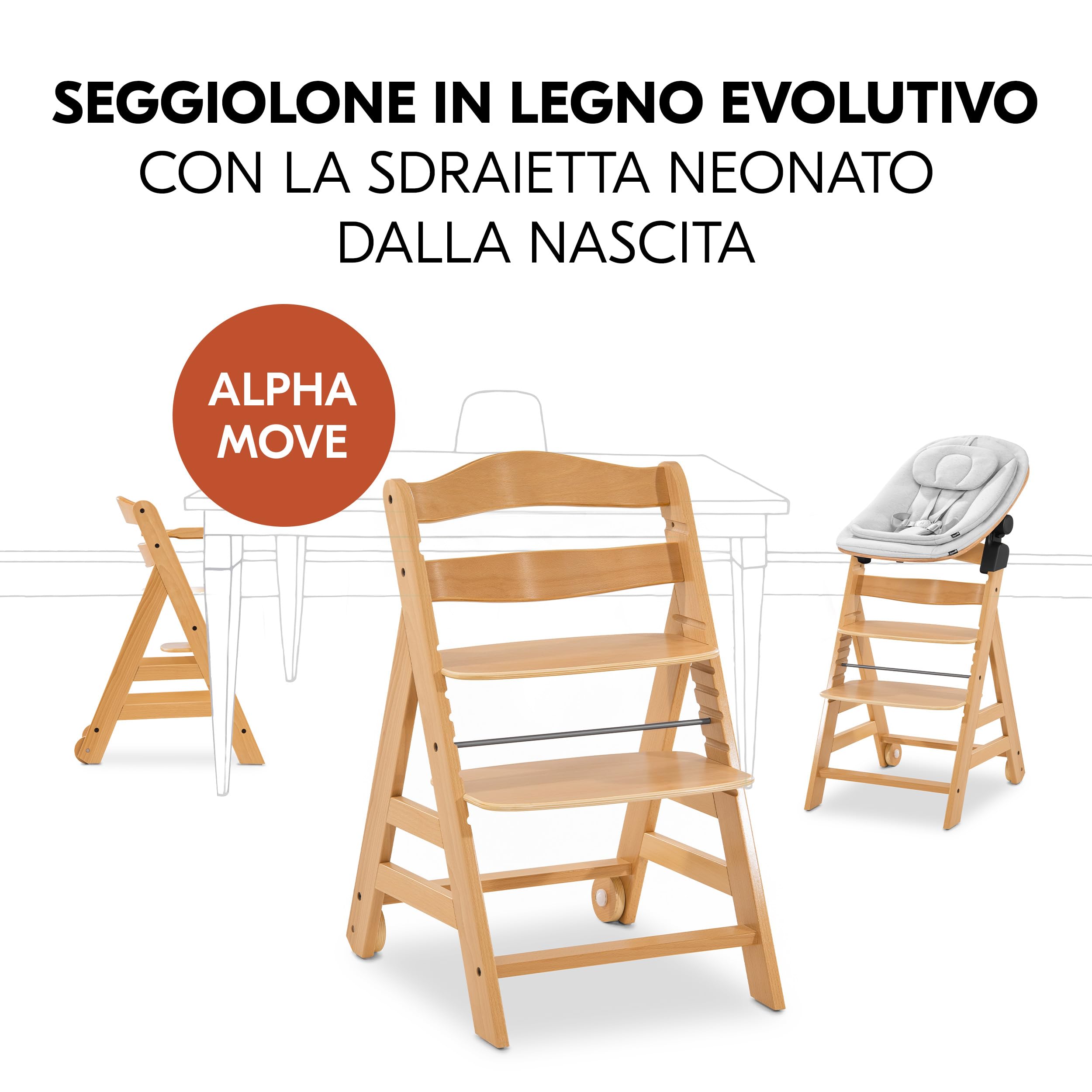 hauck Seggiolone Pappa Alpha Move Set Neonato con Eco Bouncer – Seggiolone Evolutivo Legno Regolabile dalla Nascita, incluso Sdraietta Neonati, Cuscino per Seduta e Vassoio