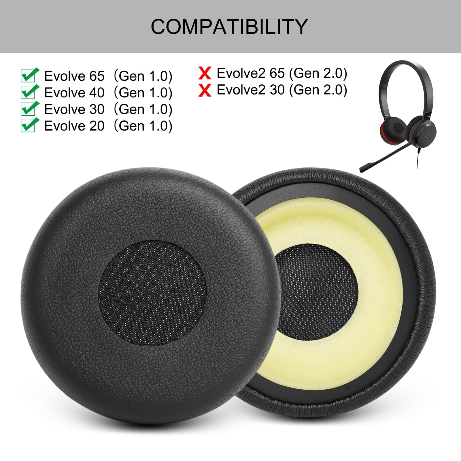 Ohrpolster-Ersatz Für Jabra Evolve 20/30/40/65 – Aus Proteinleder, Mit Memory-Schaum