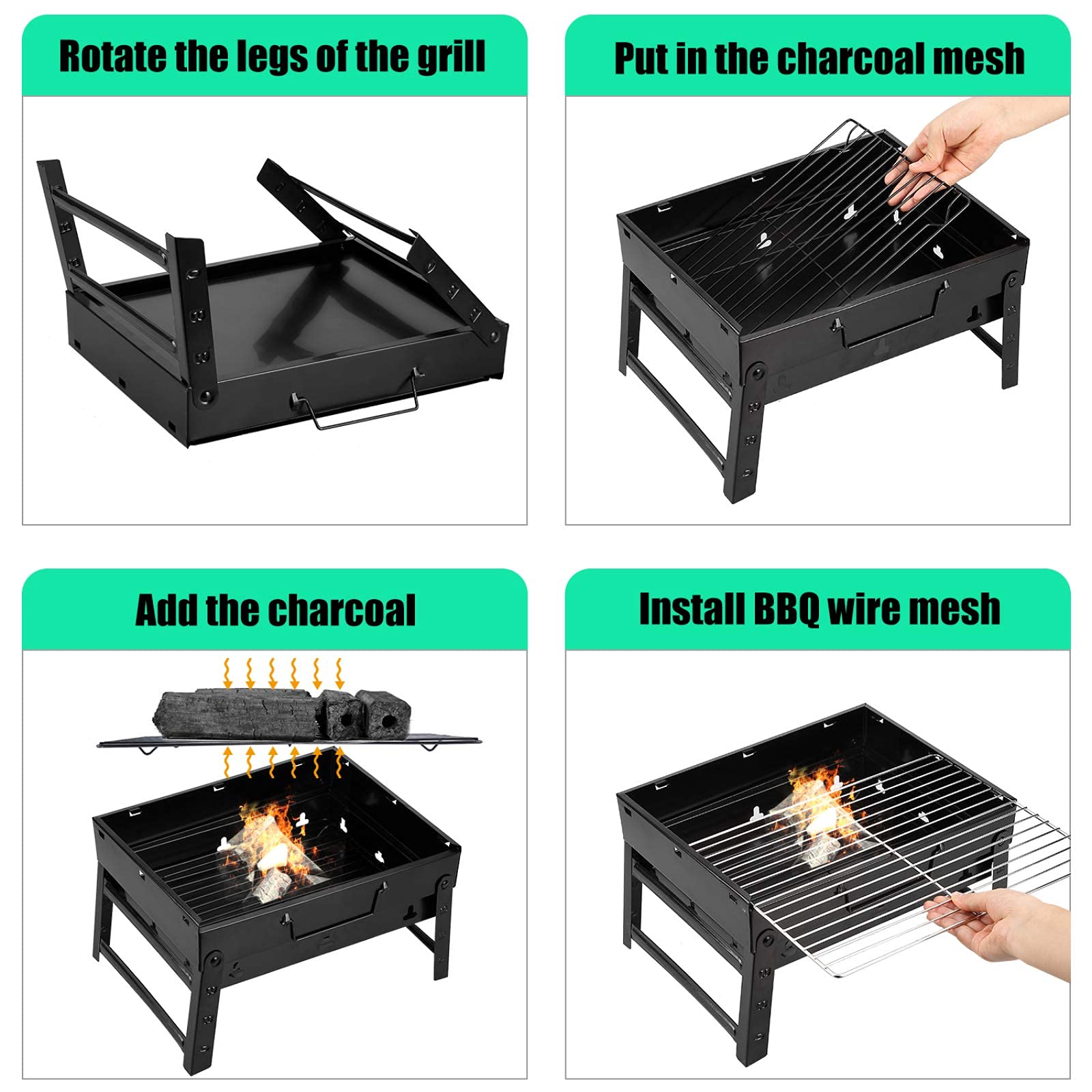 AGM Barbecue Carbone Portatile per 1-4 Persone, Barbecue Grill, BBQ Griglia in Acciaio a Carbone Pieghevole Portatile per Picnic, Viaggi, Patio o Campeggio in Giardino (40 x 27 x 20 CM)