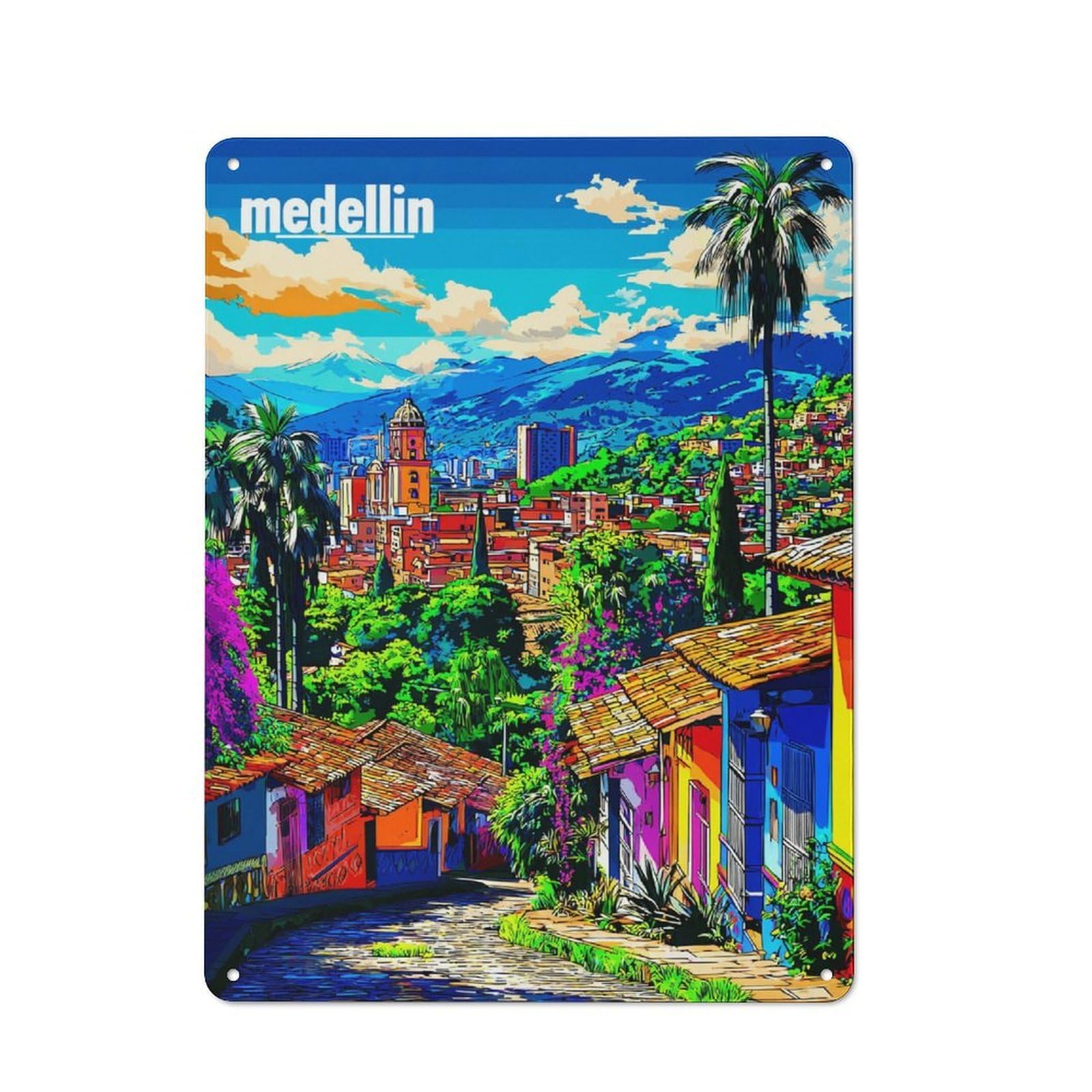 Junmoney Colorful Streets Of Medellin Metal Plaque With Design 40X30cm, Cosy Diner Style Decor For Coffee Bar, Kitchen, Bistro Or Tea Corner