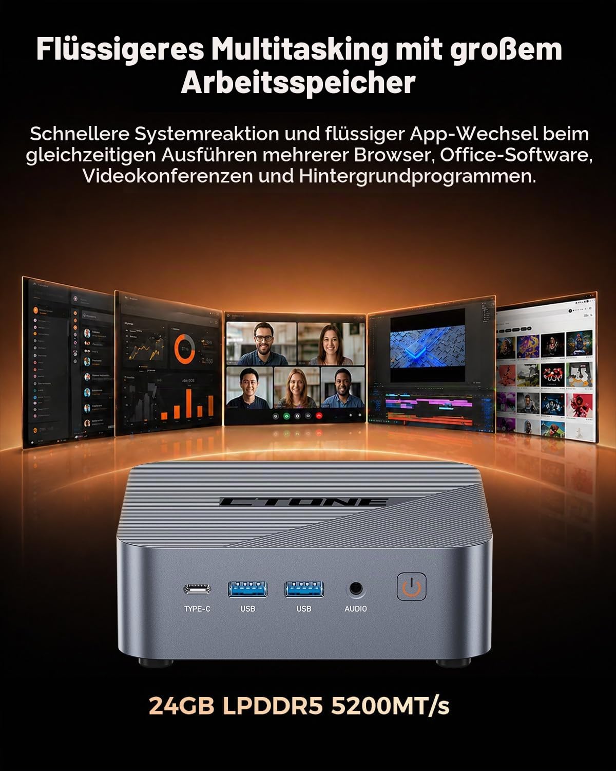 CTONE Mini PC Büro i5-12450H, 24GB RAM, 1TB SSD, Win 11 Pro,WiFi 6 | Bereit für moderne KI-Software – 24 GB LPDDR5 und bis 4,4 GHz für KI-gestützte Office-Aufgaben, Recherche und Multitasking.