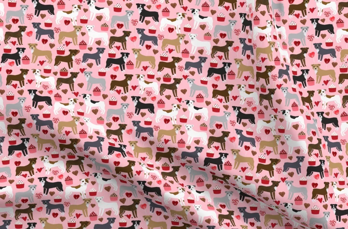 Spoonflower Fabric - Pitbull Terriers Dog Love Cute Valentines Cupcakes Hearts Dogs Printed on Organic Cotton Sateen Fabric by The Yard - Sewing Quilting Apparel Home Decor