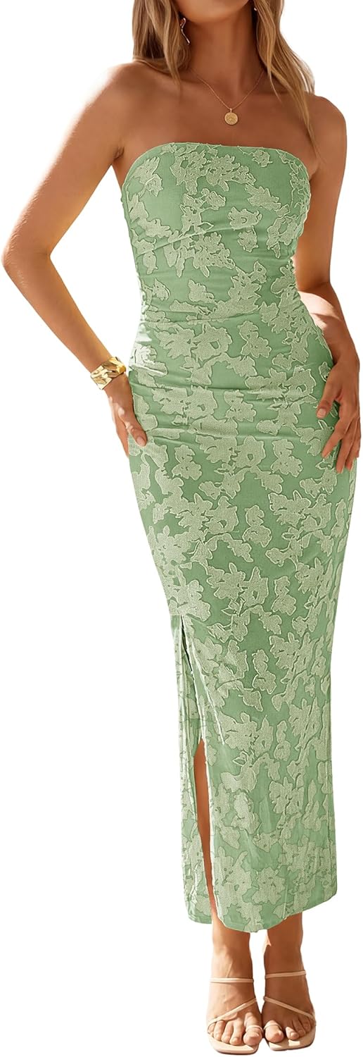 ZESICA Women's 2026 Summer Floral Strapless Maxi Dress Bodycon Tube Side Slit Mesh Wedding Guest Cocktail Party Long Dresses