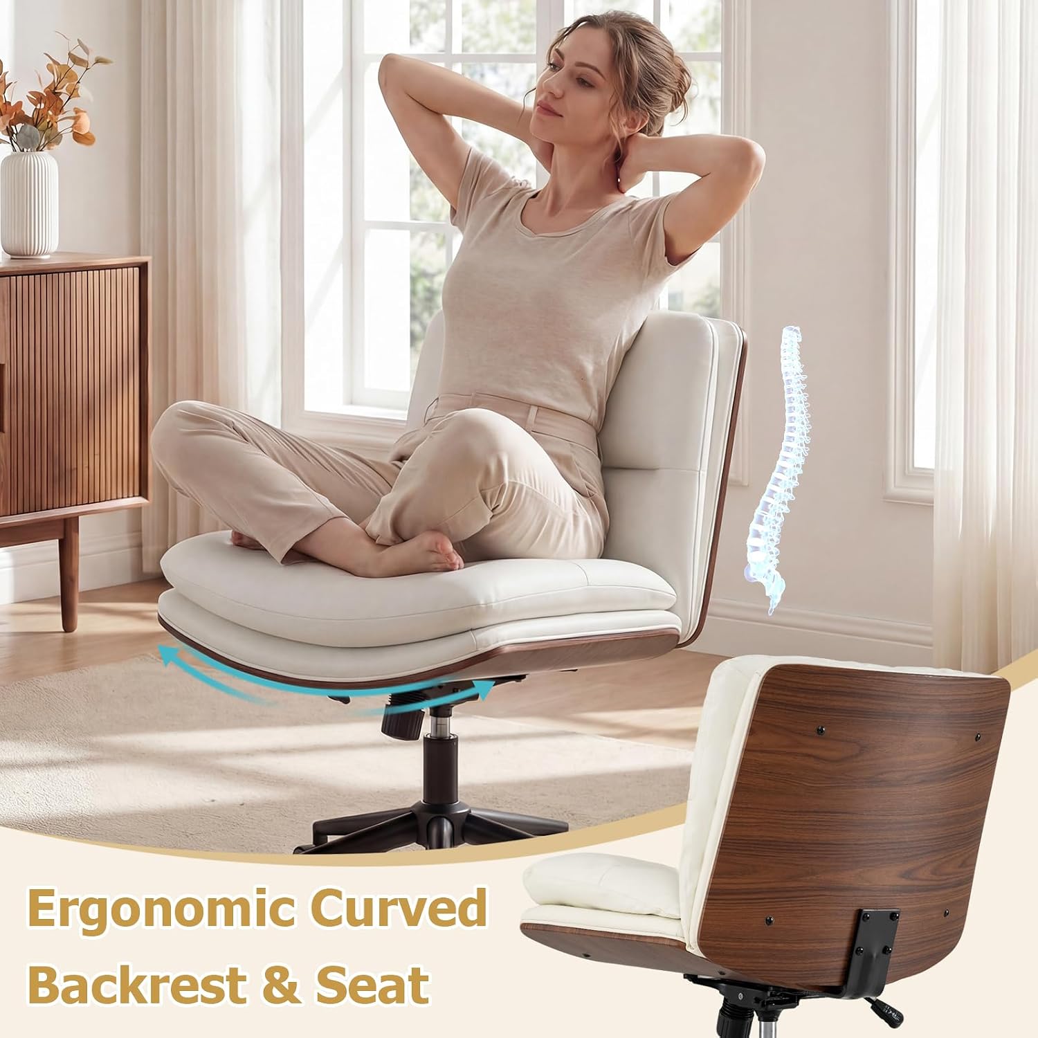 Giantex Armless Office Chair with Wheels, PU Leather Height Adjustable Vanity Chair w/Curved Backrest, Mid-Back Criss Cross 360° Swivel Ergonomic Computer Desk Chair for Home Office & Bedroom (White)