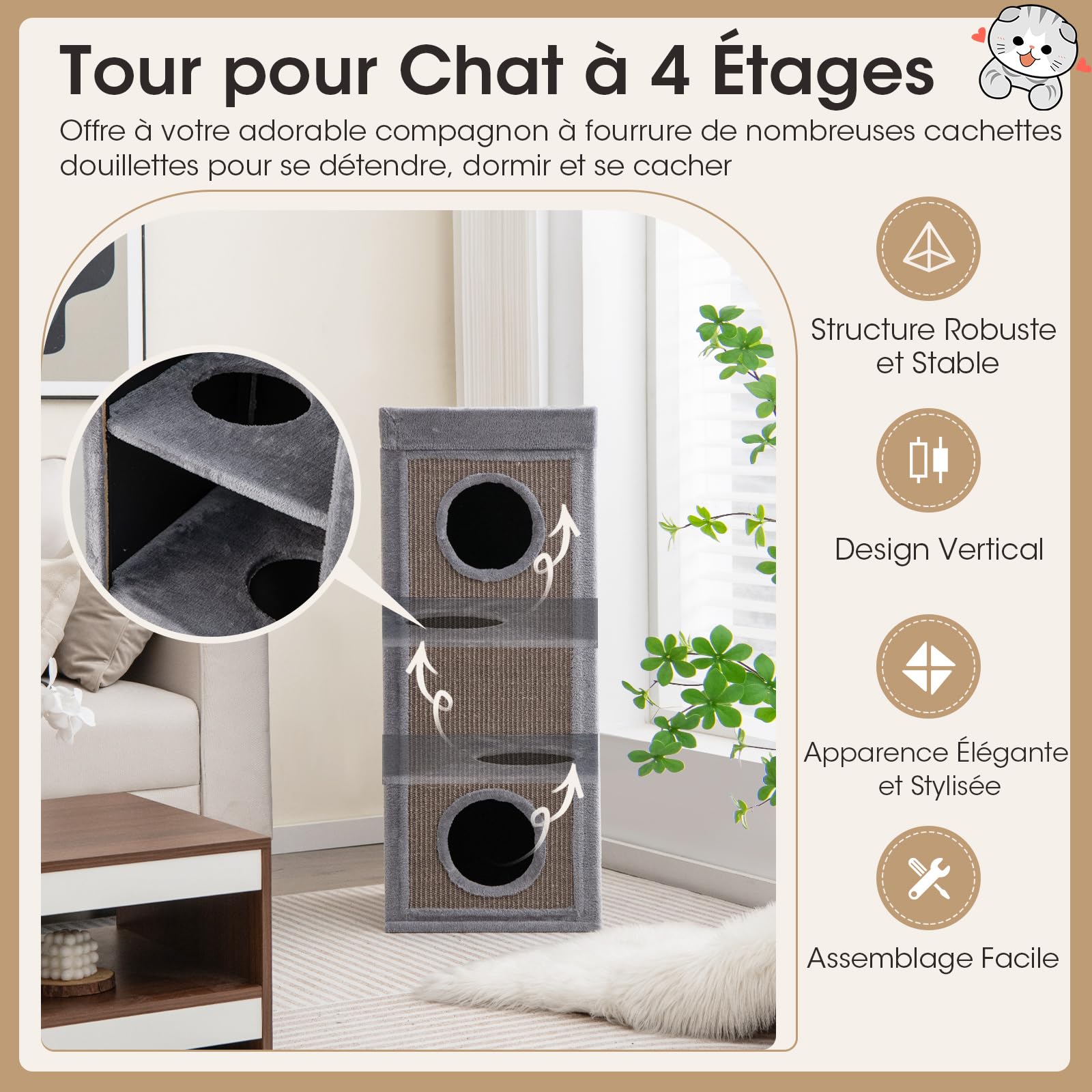 COSTWAY Maison pour Chat à 4 Étages, Tonneau Griffoir Chat, 3 Condos, 2 Planches à Griffer en Sisal, Plateformes, Tour pour Chaton, 4 Coussins Amovible, Peluche Douce, 40 × 40 × 99 cm