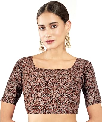 Chandrakala Cotton Printed Blouses for Women Sarees, Elbow Sleeves Ajrakh Print Crop top Choli B223-P