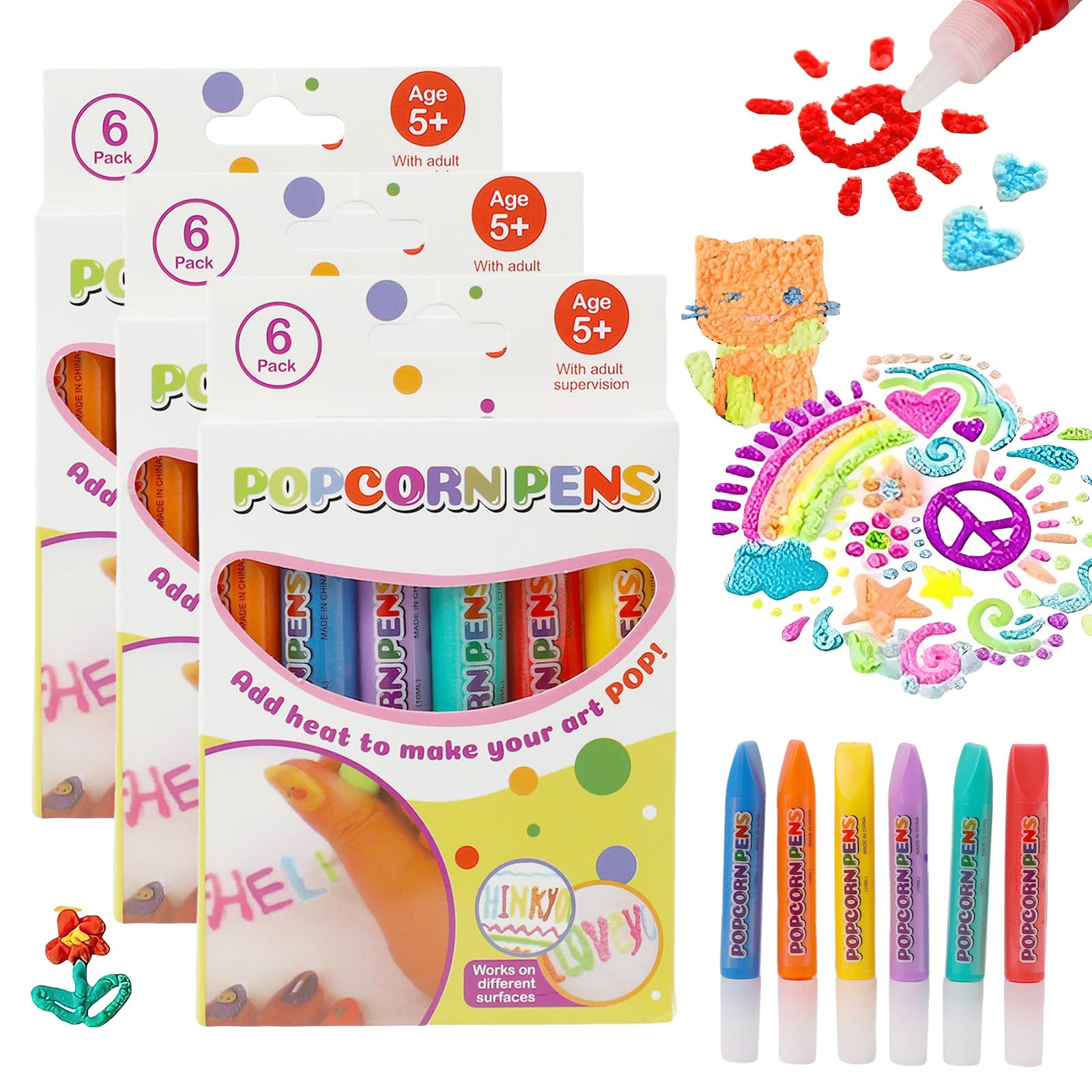 3D Magic Popcorn Drawing Pens,6Pcs Heat Activated Puffy Paint Pens, Bubble Popcorn DIY Art Set, Non-Toxic & Low-Odor, Works on Paper/Fabric/Wood, Creative Craft Gift for Kids Ages 6+ (18pcs-B)