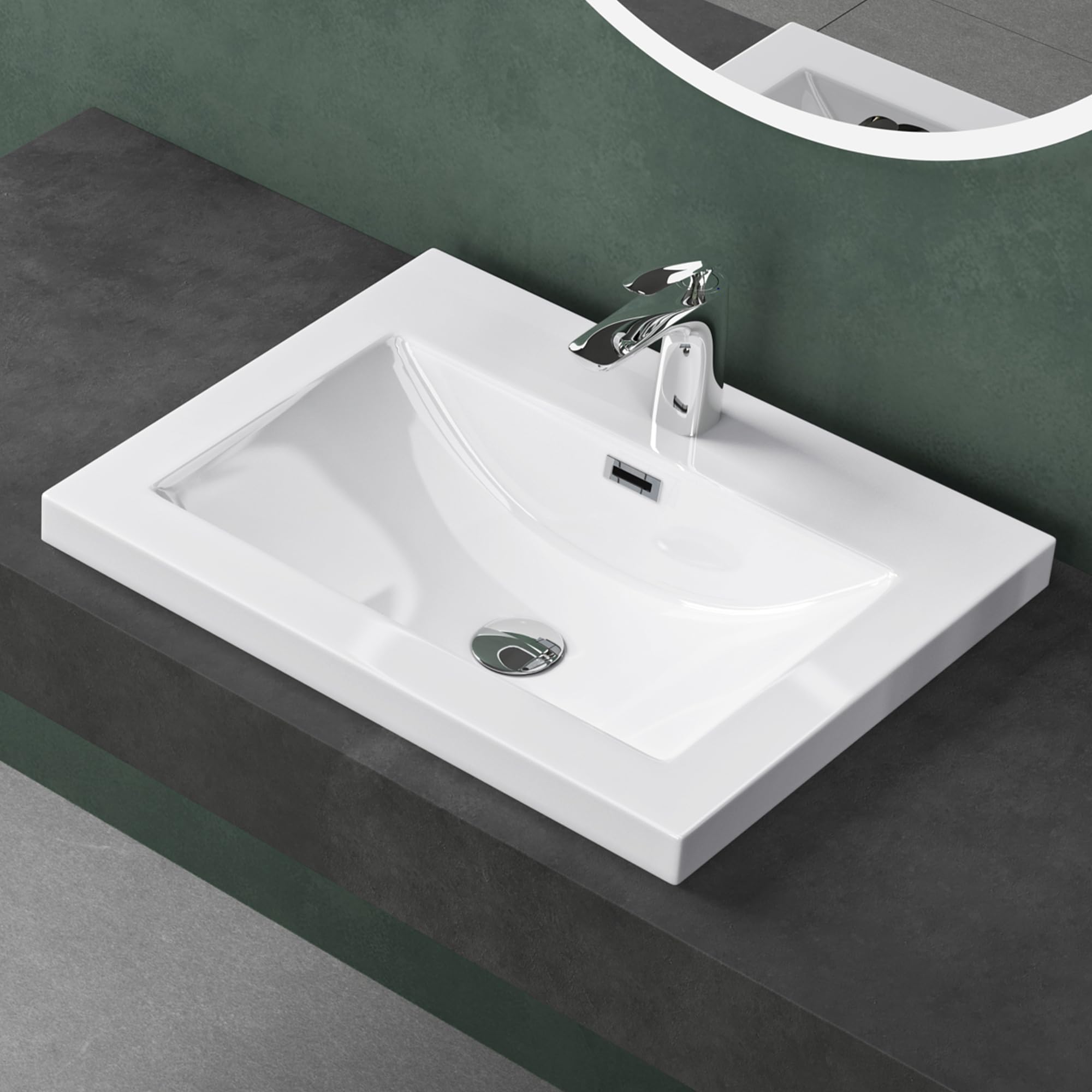 Mai & Mai Lavabo sobre Encimera Lavabo Baño | Rectangular | Blanco Brillante | Mármol Fundido | 60x48x15cm | con Orificio para Grifo | con Rebosadero | Colossum01 | Lavabo, Resina, Grifo, Superficie lisa, fácil de limpiar, para cuarto de baño moderno, Col