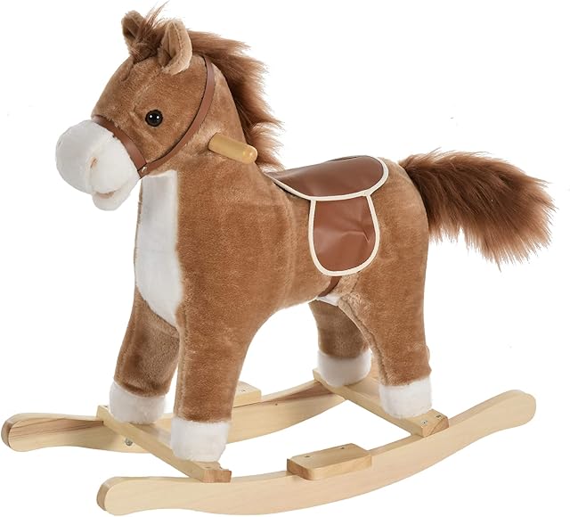 HOMCOM Kids Plush Rocking Horse w/ Sound Moving Mouth Wagging Tail Children Rocker Ride On Toy Gift 36 - 72 Months Brown