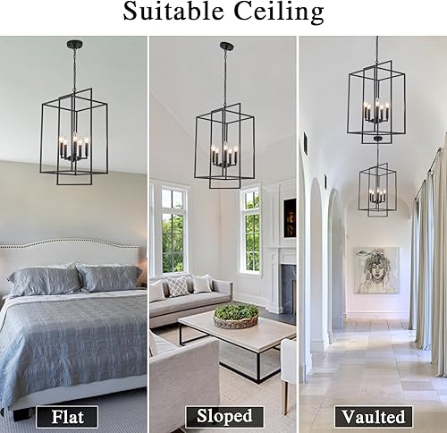 Miniatura 7 de Candelabro negro de granja, accesorios de iluminación de vestíbulo extra grande de 14.17 pulgadas, lámpara colgante de linterna industrial para