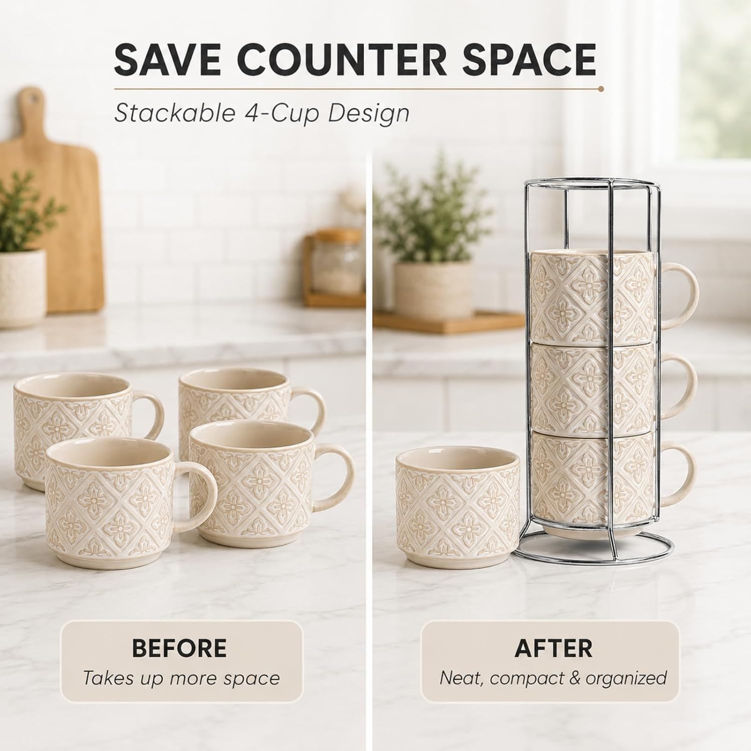6 Oz Coffee Cups with Stand, Stackable Espresso Cups Set of 4, Ceramic Cappuccino Cup, Embossed Coffee Mugs for Latte, Cocoa, Mocha, Tea, Housewarming Wedding Present, Dishwasher Safe image 5