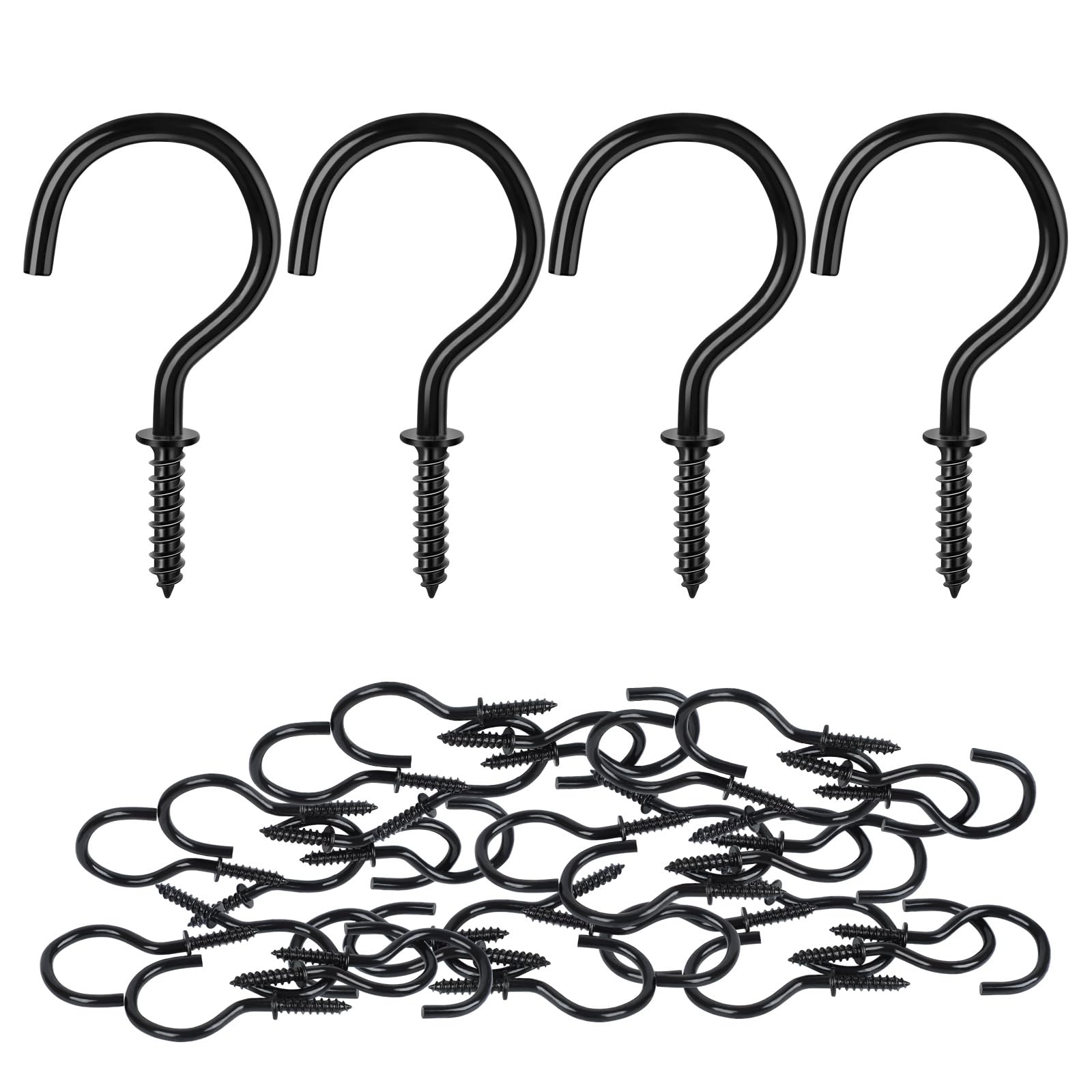 MewuDecor Screw Hooks, 1" Wood Wall Ceiling Hooks Plant Hooks Indoor Outdoor for Utensils Plants Baskets Lights Wreaths, Black, 50 PCS