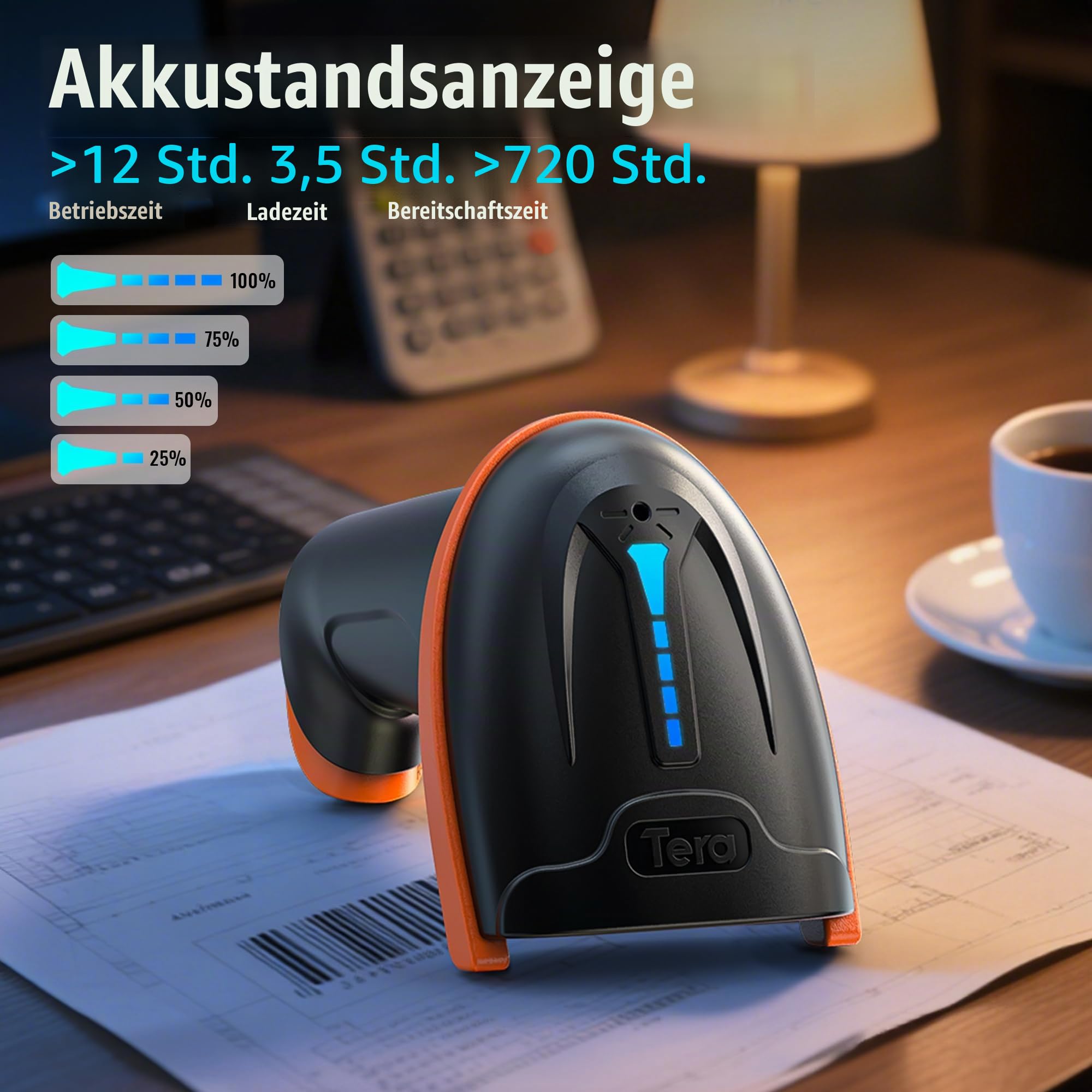 Tera Barcode Scanner 1D 2D QR Wireless Kabellos 2,4 GHz + Wired USB 2,0 Kabelgebunden Handscanner Barcodelesegerät mit Ständer Halterung 5 Mil Auflösung 100m Reichweite, D5100