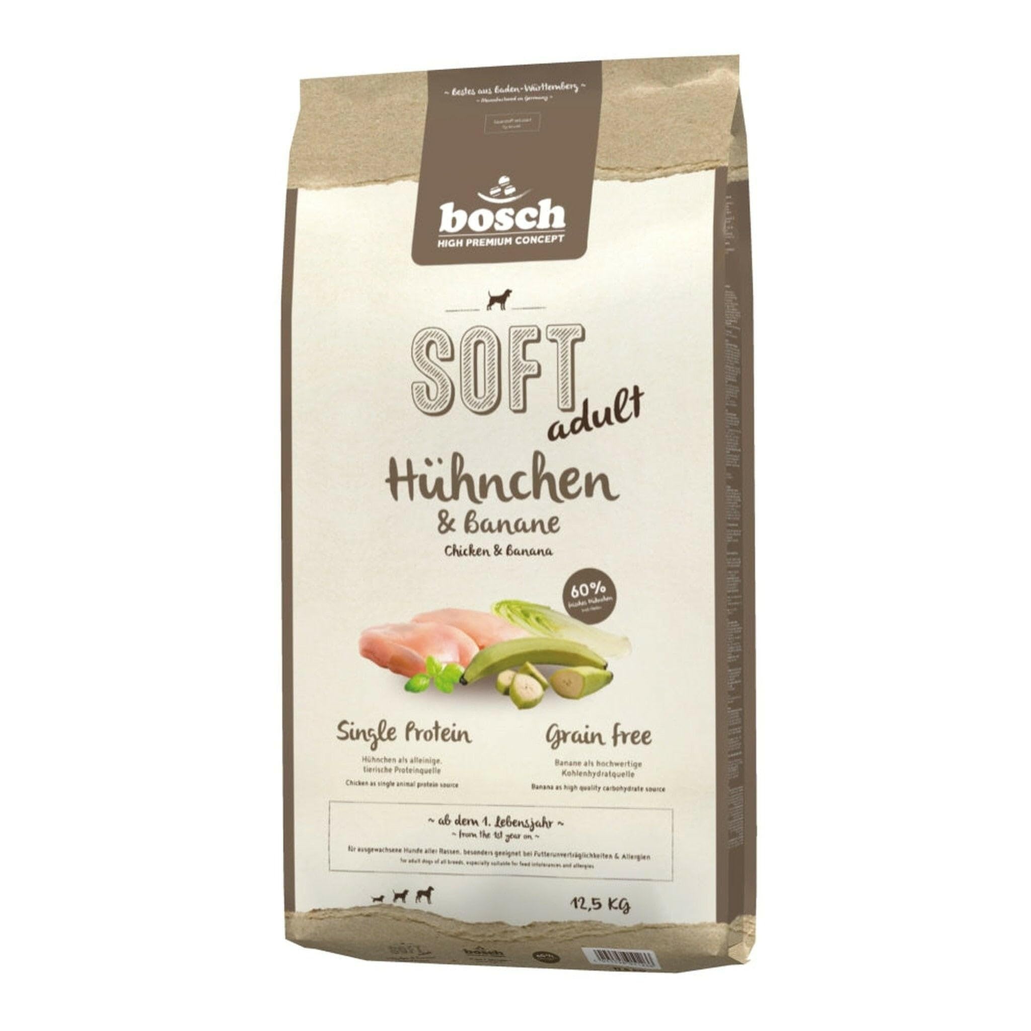 bosch HPC Soft Poulet et banane - Croquettes semi-humides pour chiens adultes de toutes races - Monoprotéines - Sans céréales - 1 x 12,5 kg