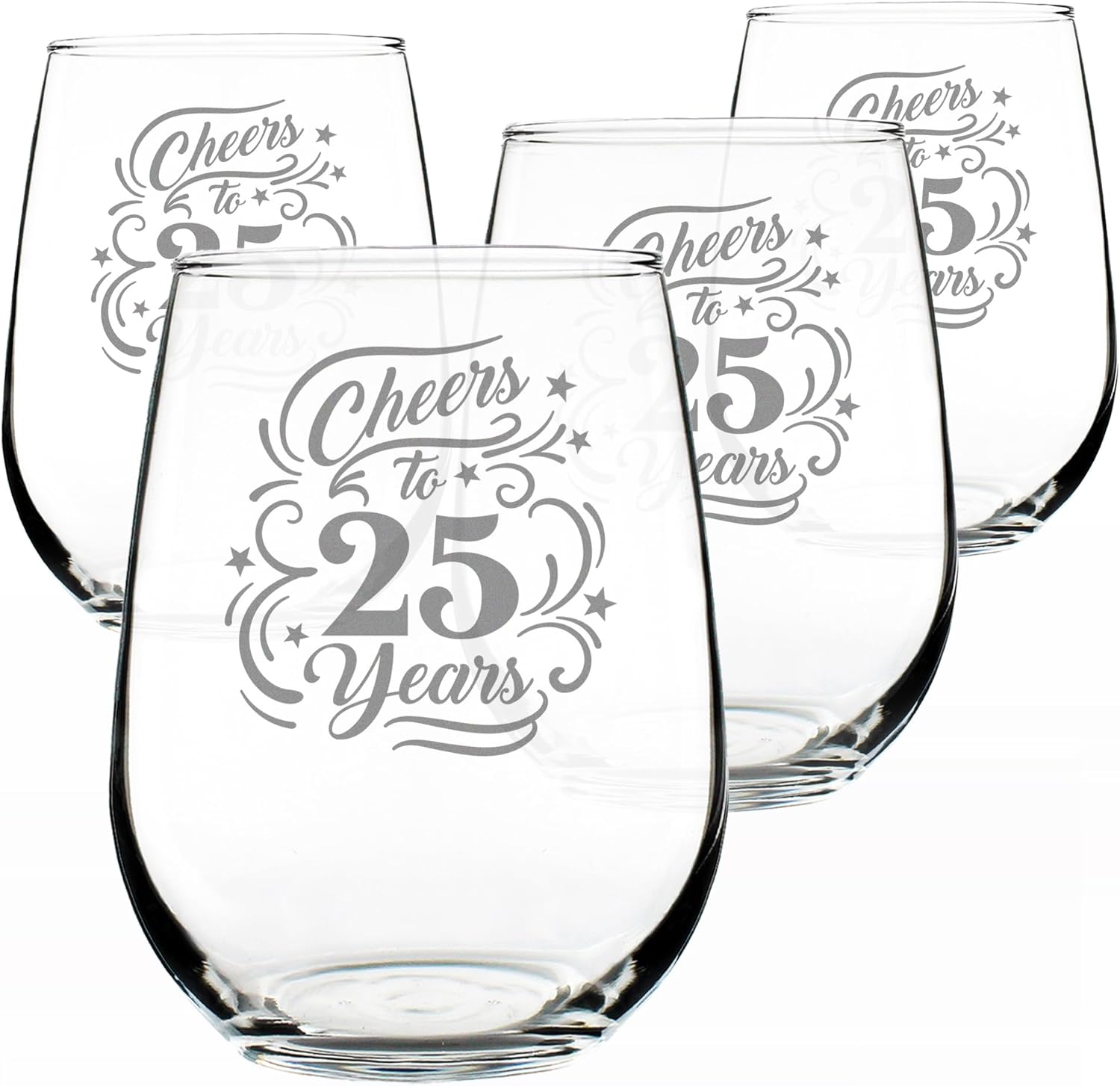 Bevvee Cheers to 25 Years - Stemless Wine Glass Gifts for Women & Men - 25th Anniversary Party Decor - Set of 2 - Large 17 Oz Glasses