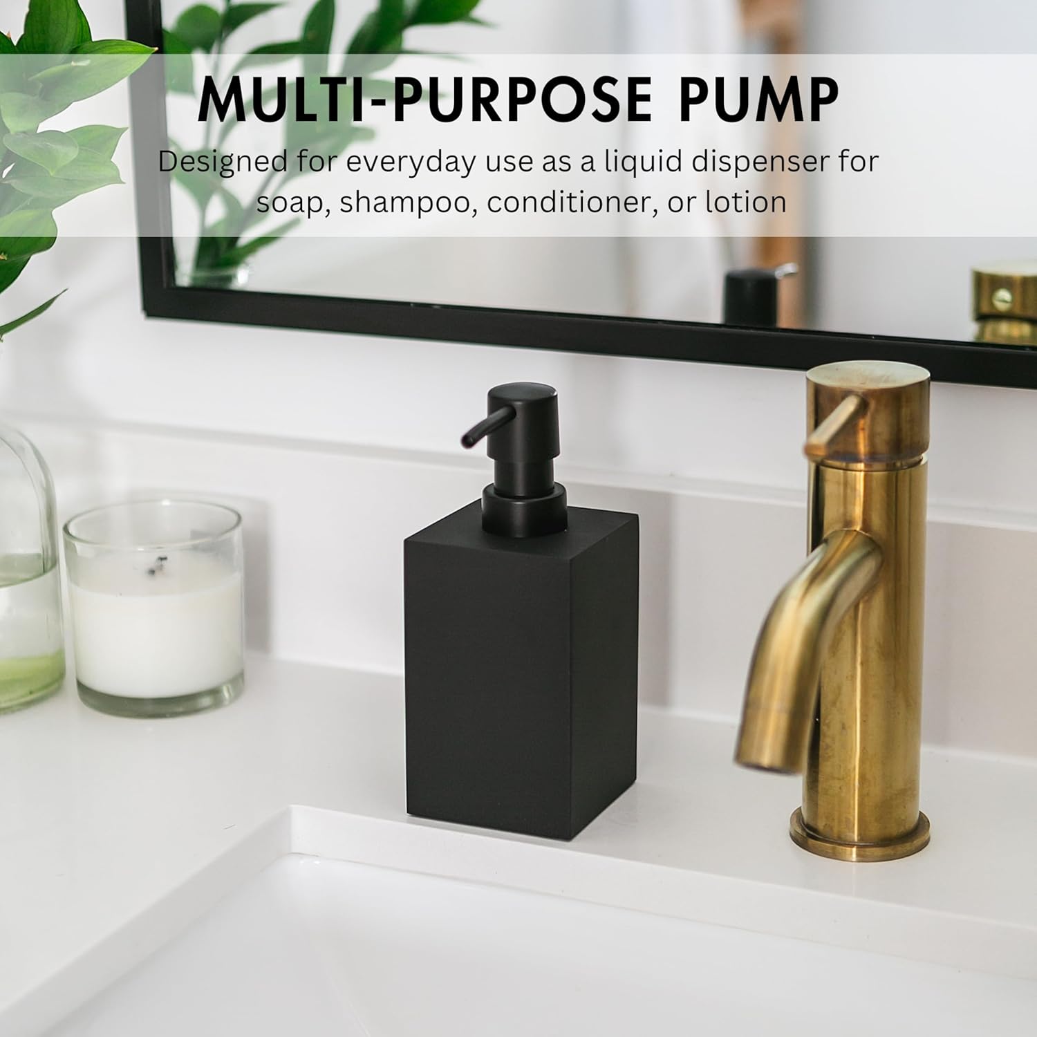 Matte Black Square Soap Dispenser for Kitchen & Bathroom – 15 oz Refillable Resin Pump Bottle for Dish Soap, Hand Soap, Shampoo, Conditioner – Modern Countertop Dispenser with Non-Slip Protective Pads - Image 2