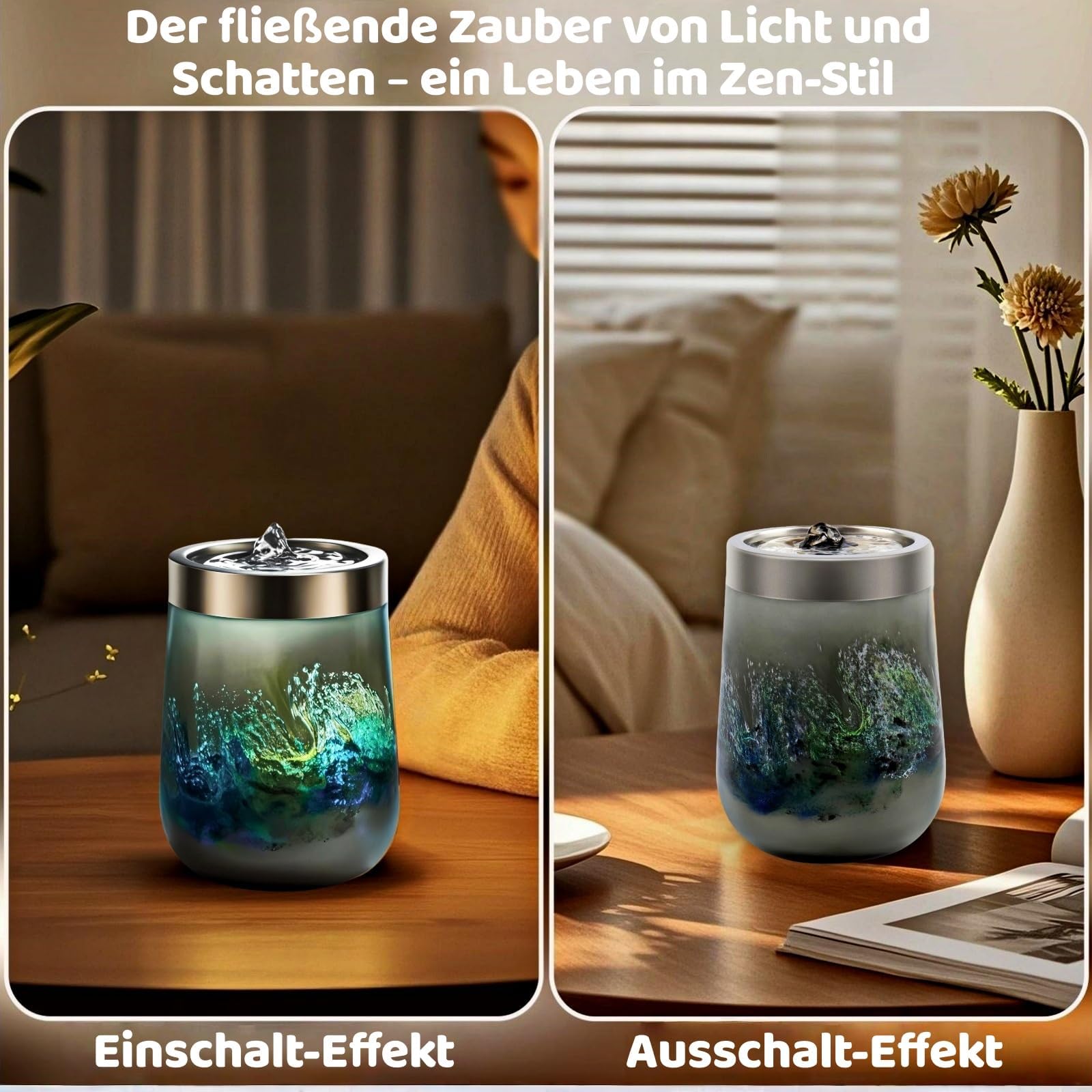 VOREEN Zimmerbrunnen Grau aus Mundgeblasenem Glas – Tischbrunnen mit LED-Licht – Ruhiger Glas-Deko-Brunnen für Wohnzimmer Schlafzimmer Büro H 15cm